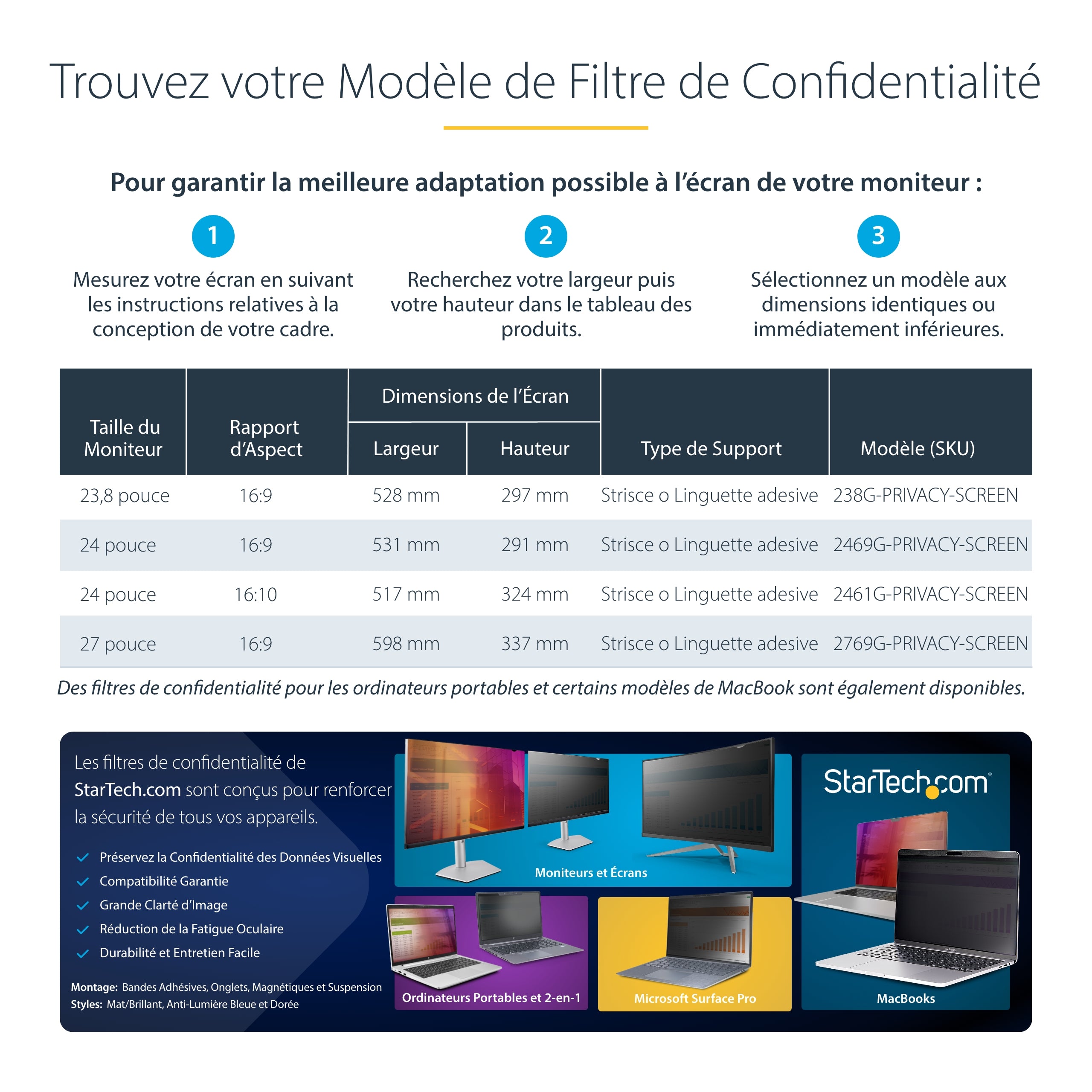 StarTech.com Filtre de Confidentialité pour Écran 27 pouces 16:9, Écran de Confidentialité Réversible Or, Filtre Anti Reflet pour Ordinateur Amélioré, Bouclier de Sécurité, +/- 30 Degrés