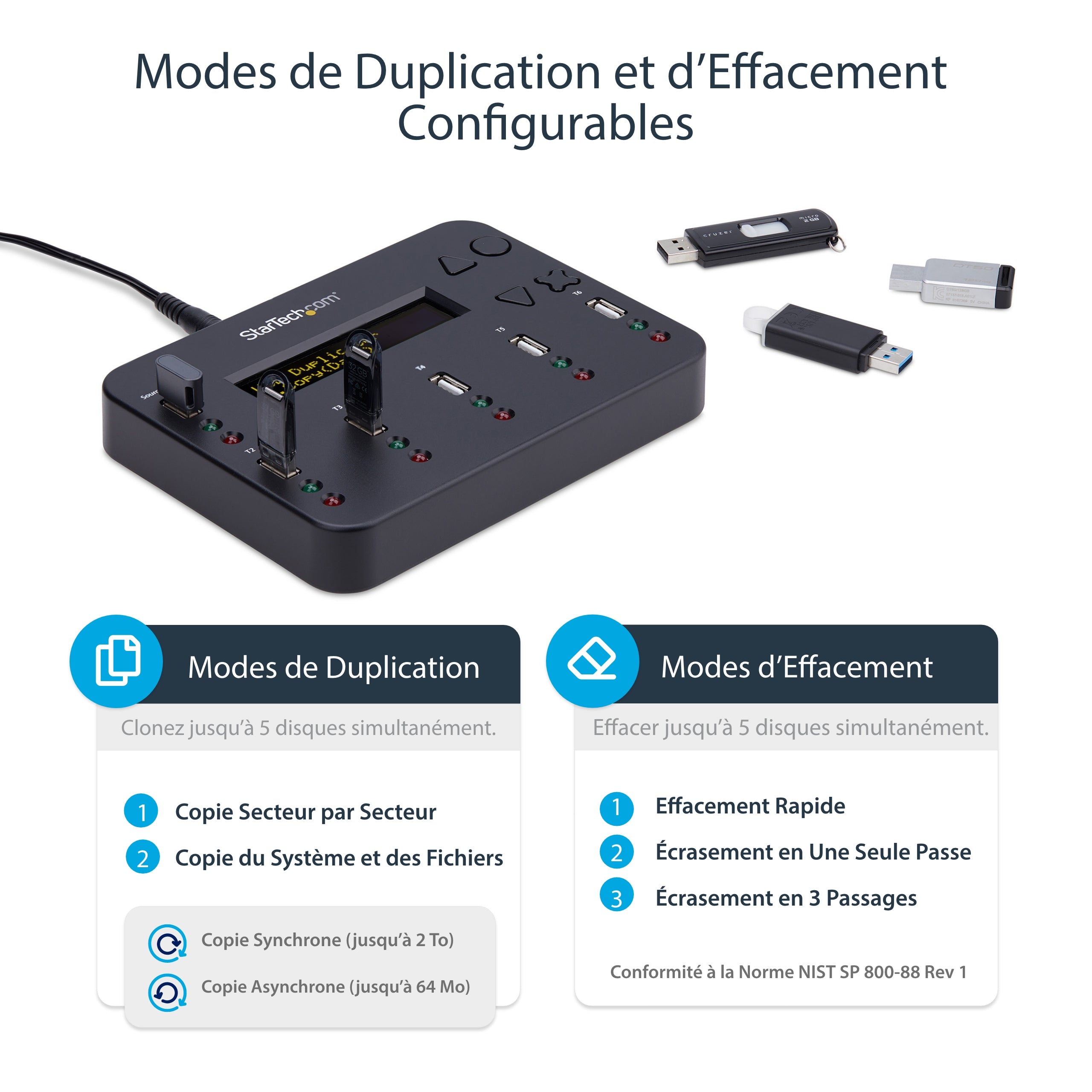 StarTech.com Duplicateur et Effaceur Autonome de 1 à 5 clés USB, Copieur de Plusieurs Clés USB, Copie Système et Fichier et Secteur par Secteur, 1,5 Go/min, Effacement en 3 Passes, Affichage LCD