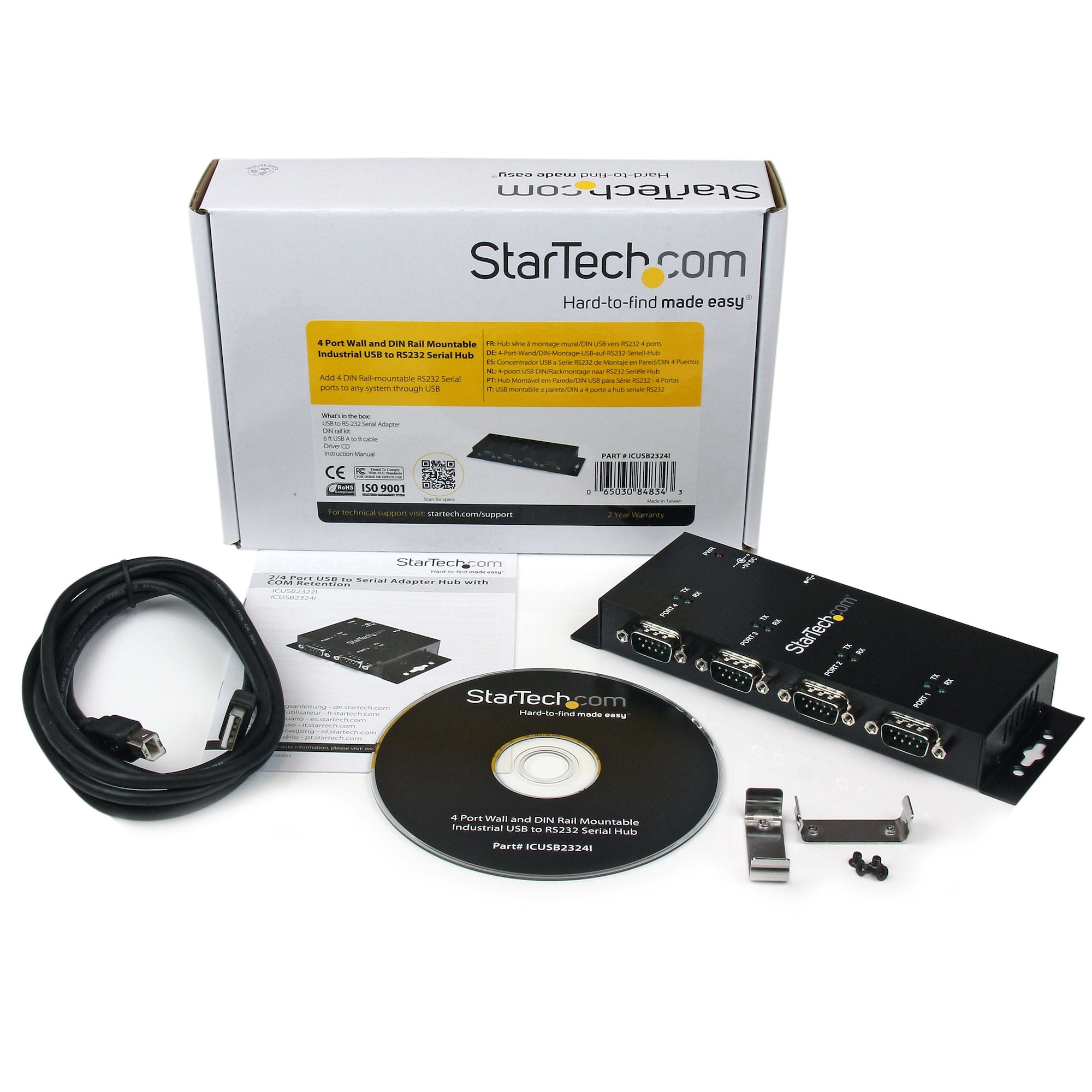 StarTech.com Hub adaptateur USB vers série DB9 RS232 4 ports – Montage sur rail DIN industriel et mural