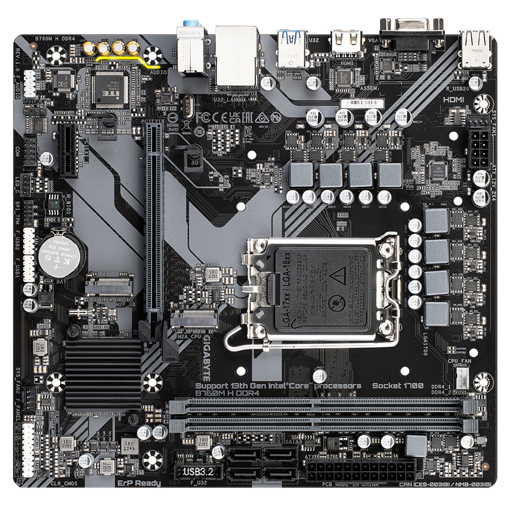 GIGABYTE B760M H DDR4 Carte Mère - Prend en charge les processeurs Intel Core 14e génération, VRM numérique 6+1+1 phases, jusqu'à 3200MHz DDR4 (OC), 2xPCIe 4.0 M.2, GbE LAN, USB 3.2 Gen1