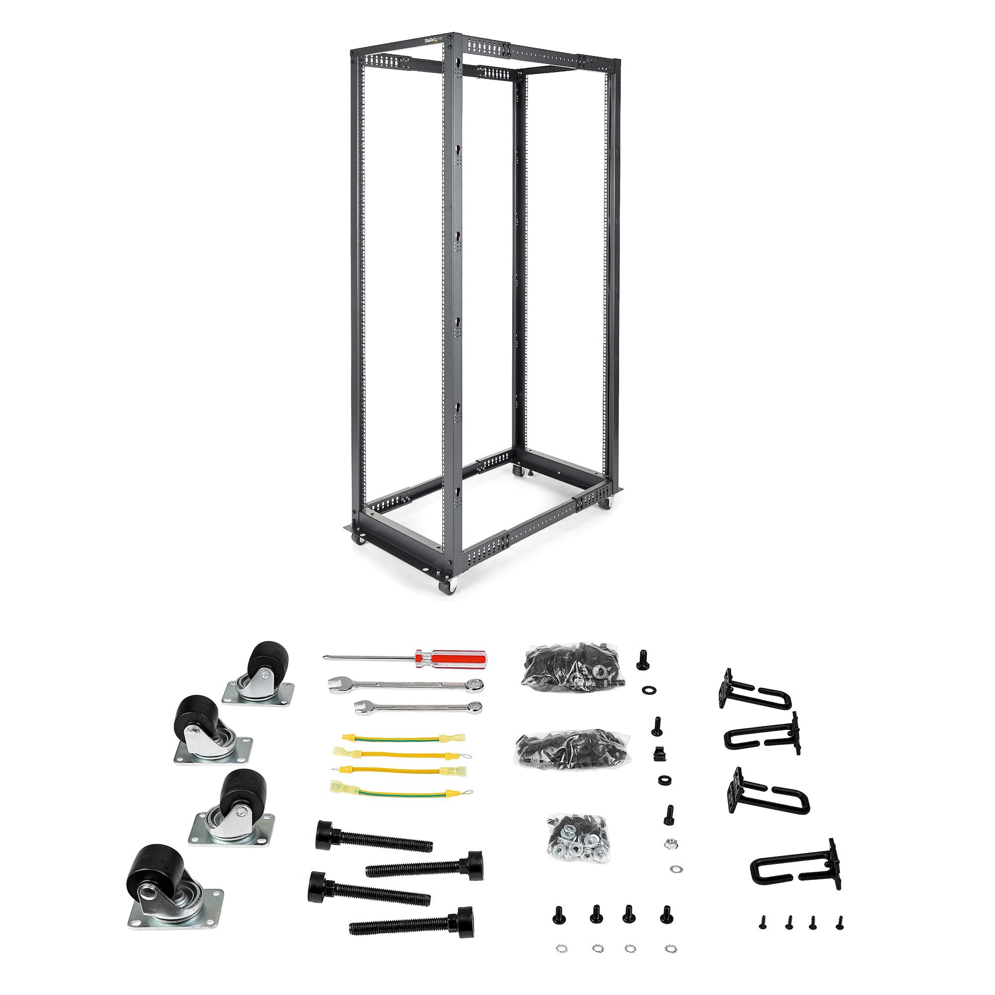 StarTech.com Rack Serveur Mobile 42U à 4 Montants, Rack Réseau 19" à 4 Montants avec Roulettes, Rack Roulant avec Profondeur Ajustable pour PC/AV/Données/IT - Roulettes, Pieds de Mise à Niveau ou Montage au Sol