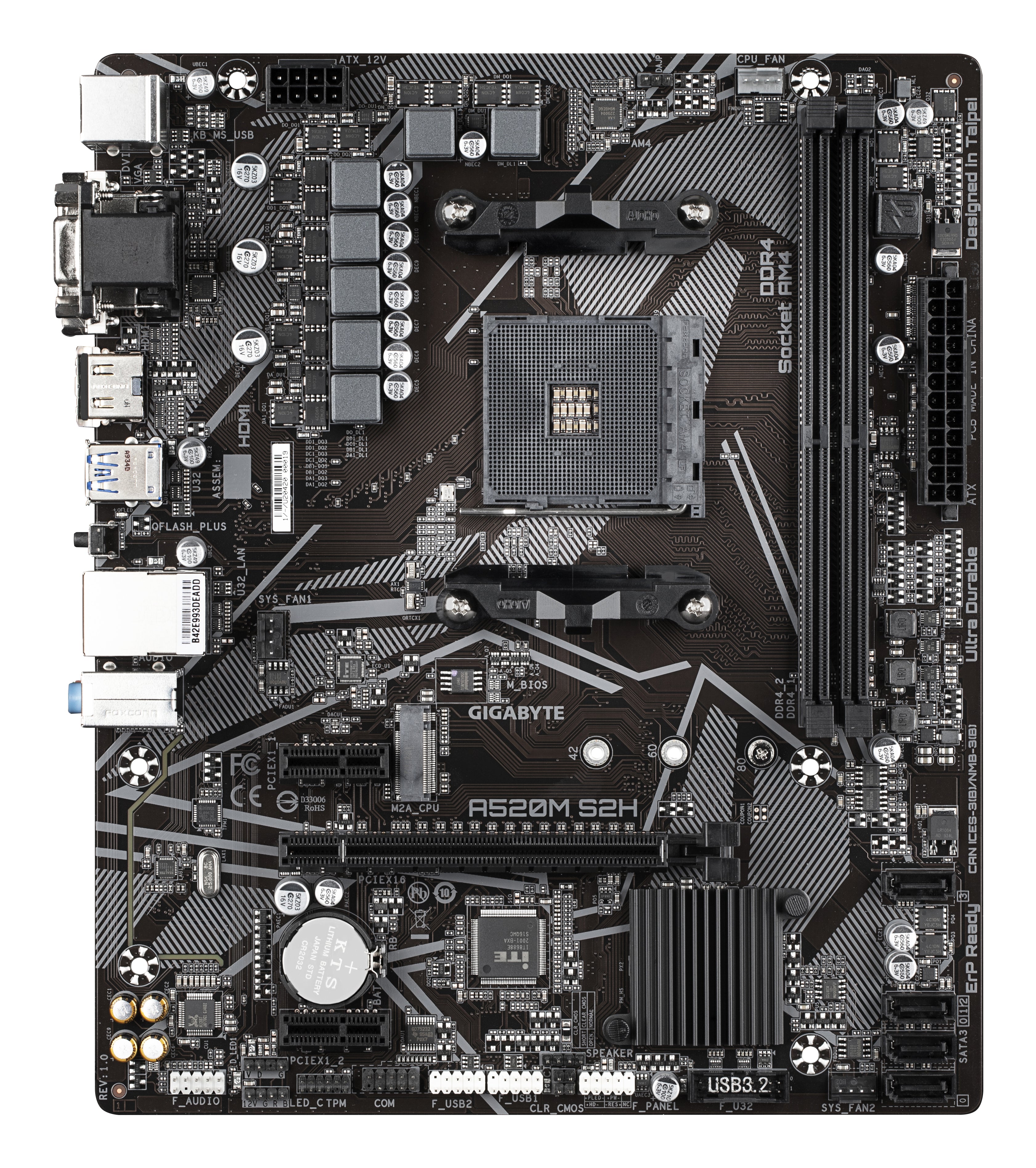 GIGABYTE Carte mère A520M S2H - Prend en charge les processeurs AMD Ryzen série 5000 AM4, VRM numérique pur 4+3 phases, jusqu'à 5100 MHz DDR4 (OC), PCIe 3.0 x4 M.2, LAN GbE, USB 3.2 Gen 1