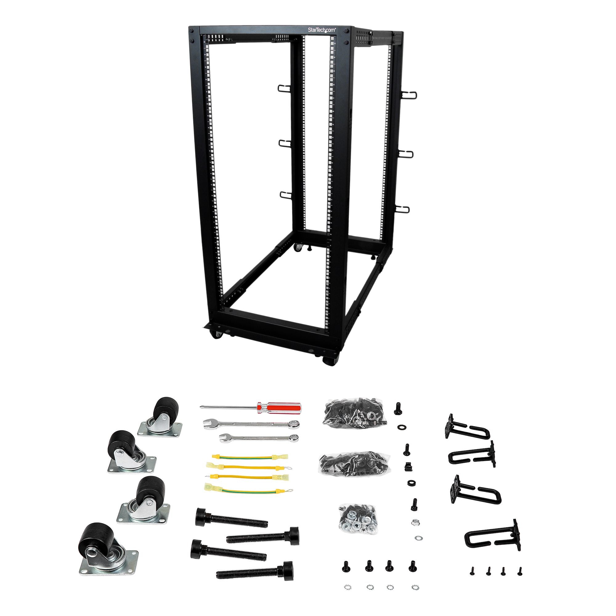 StarTech.com Rack Serveur Mobile 25U 4 Poteaux, Rack Réseau 19" 4 Poteaux avec Roulettes, Rack Roulant avec Profondeur Ajustable pour PC/AV/Données/Informatique - Roulettes, Pieds de nivellement ou Fixation au Sol