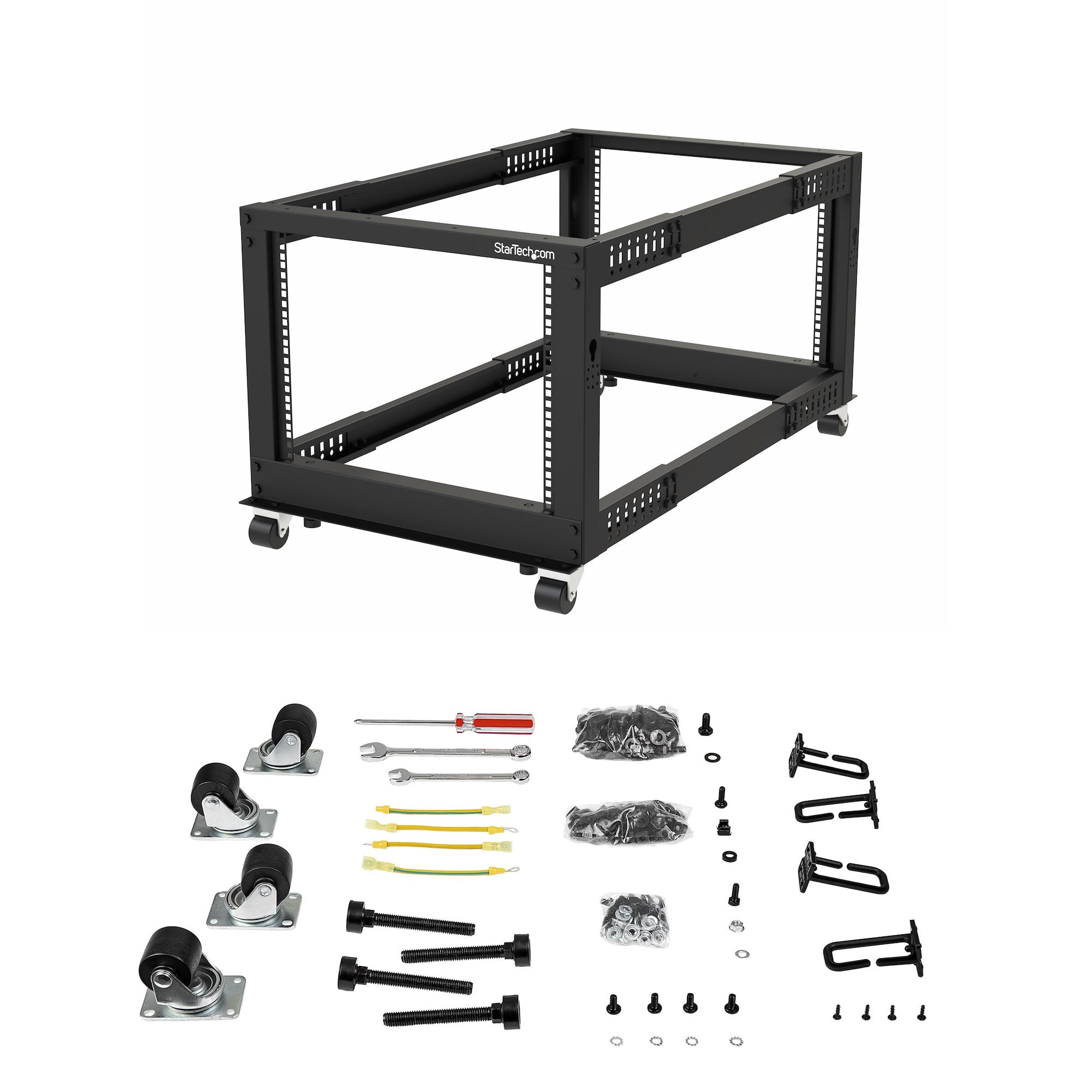 StarTech.com Rack Serveur Mobile 12U 4 Poteaux, Rack Réseau 19" 4 Poteaux avec Roulettes, Rack Roulant avec Profondeur Ajustable pour PC/AV/Données/Informatique - Roulettes, Pieds de nivellement ou Fixation au Sol