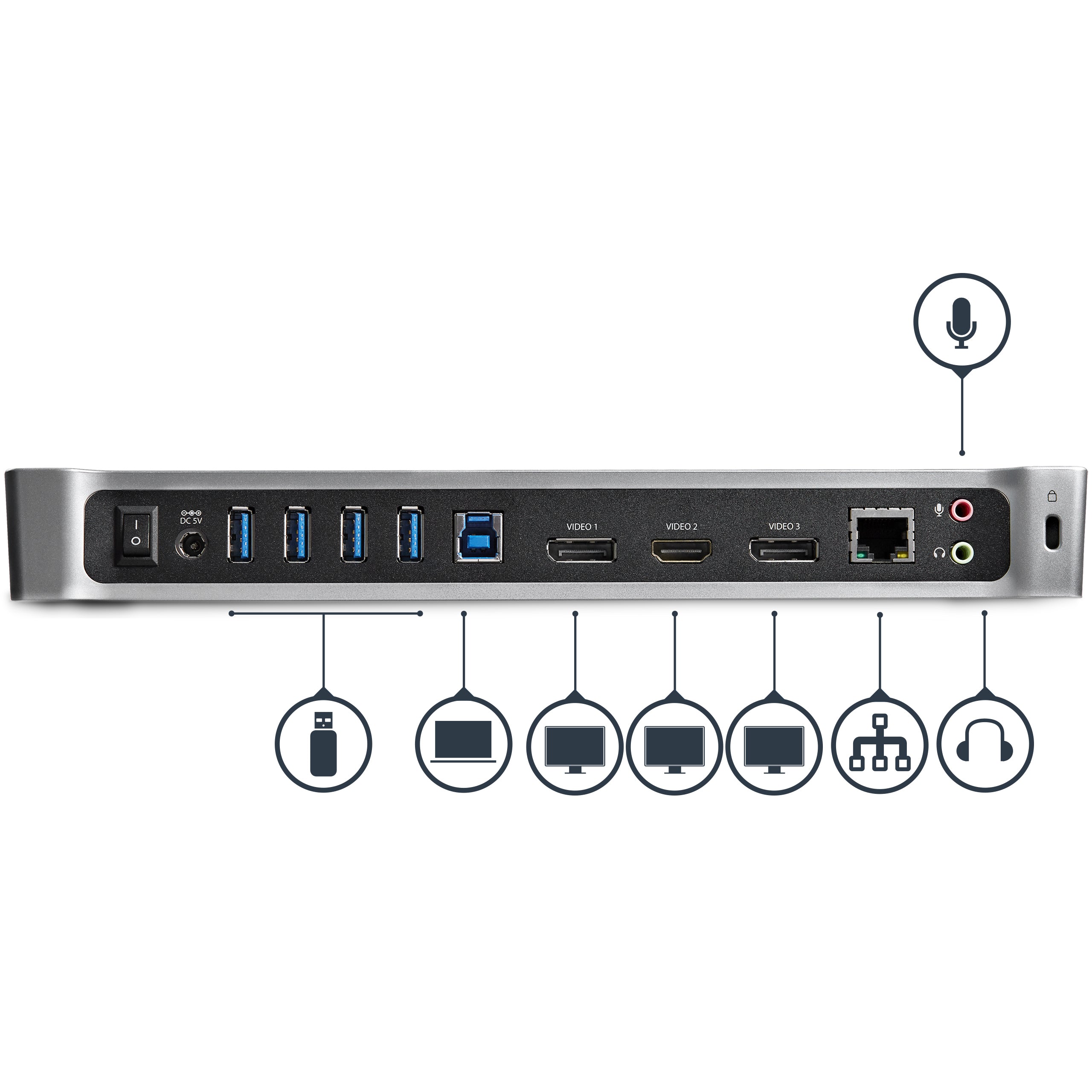 StarTech.com Station d'Accueil USB 3.0 à 3 Écrans avec 2x 4K DisplayPort et HDMI - Hub USB-A à 5 Ports (1x Fast-Charge), Audio 3,5 mm, GbE - Docking Station Universelle USB Type-A pour PC Portable, Win/MacOS