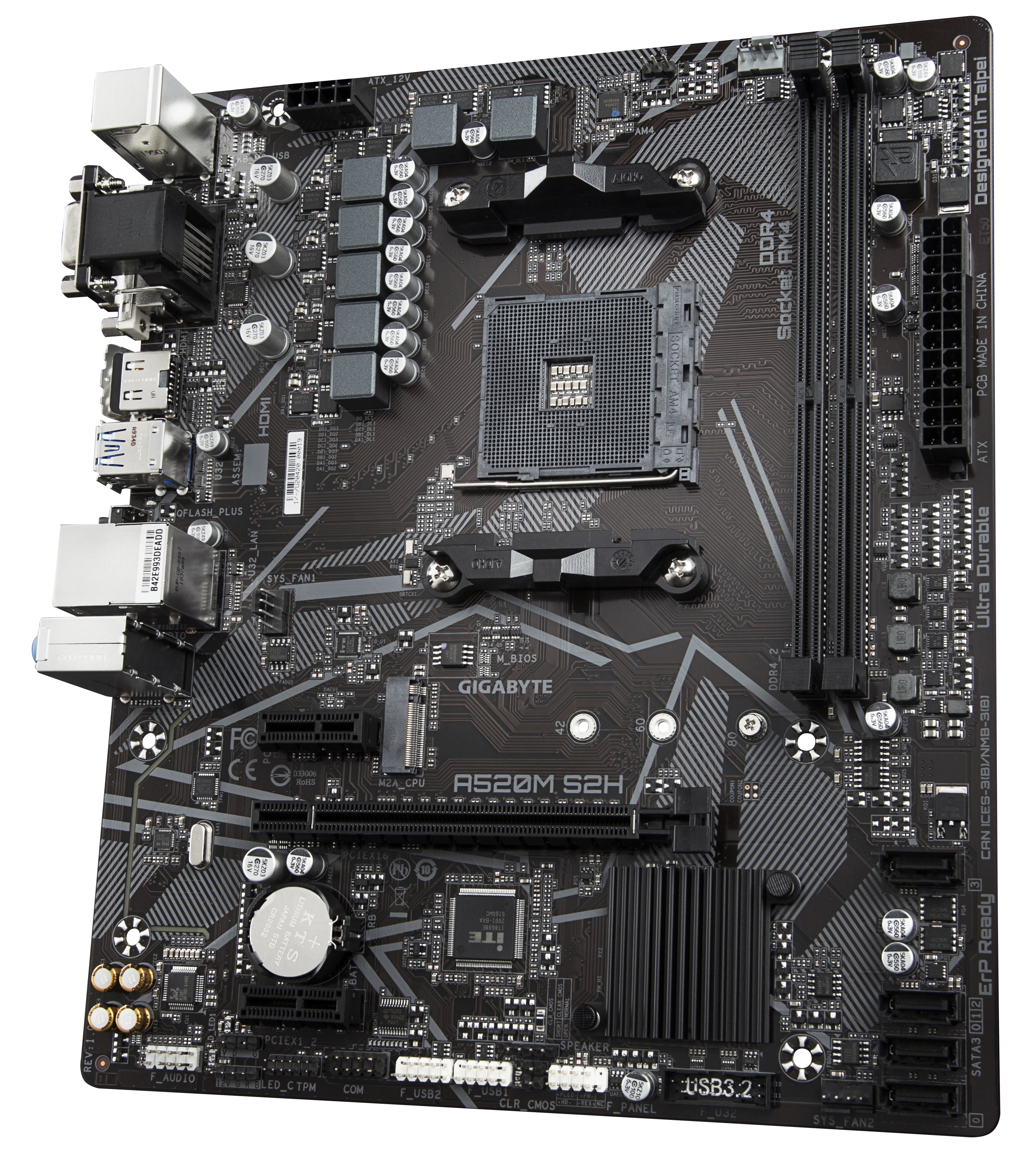 GIGABYTE Carte mère A520M S2H - Prend en charge les processeurs AMD Ryzen série 5000 AM4, VRM numérique pur 4+3 phases, jusqu'à 5100 MHz DDR4 (OC), PCIe 3.0 x4 M.2, LAN GbE, USB 3.2 Gen 1