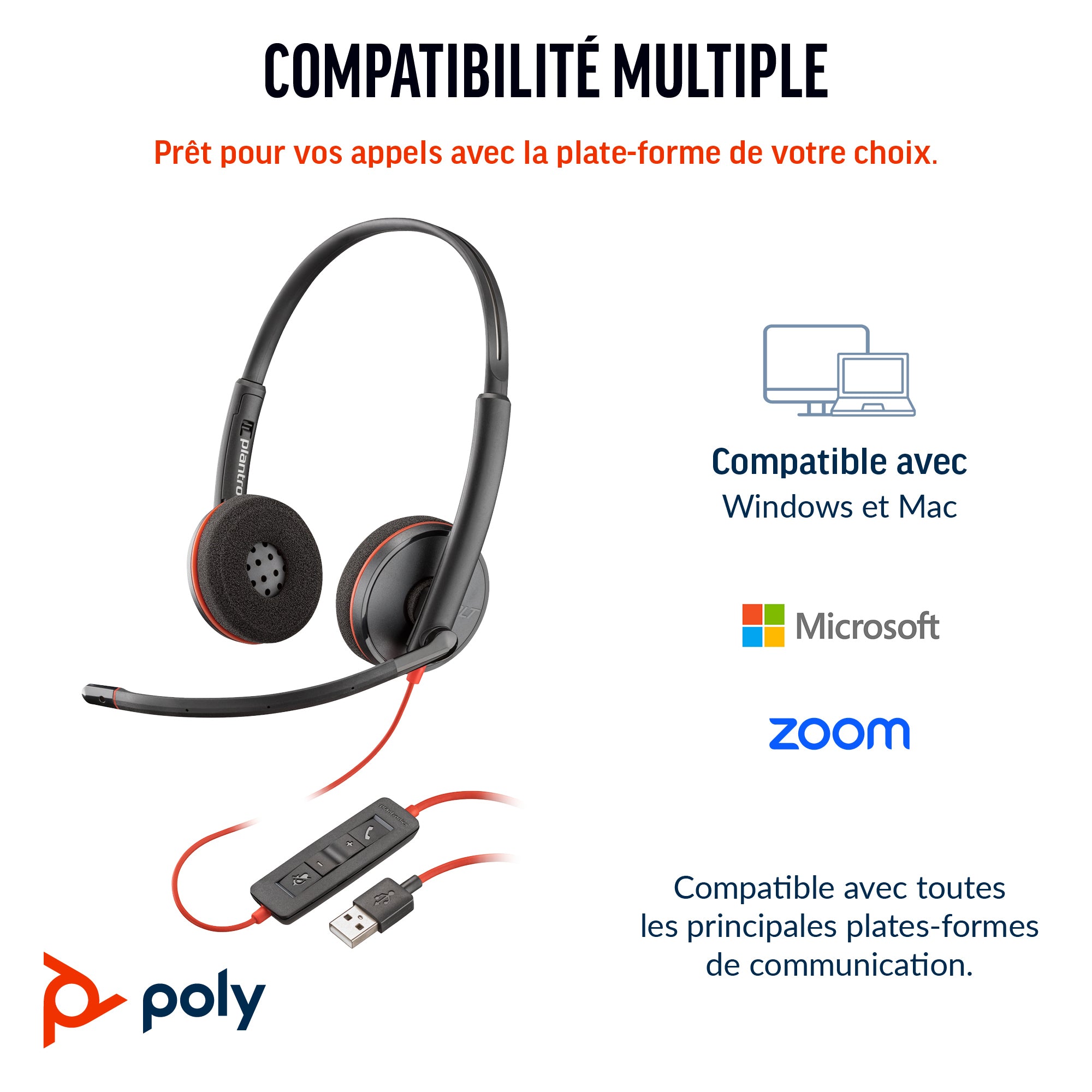 Poly Micro-casque Blackwire 3220 stéréo USB-C + adaptateur USB-C/A
