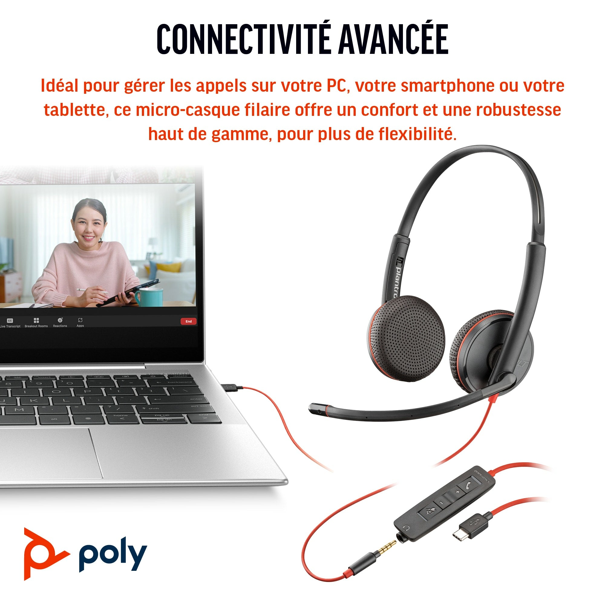 POLY Micro-casque stéréo USB-C Blackwire 3225 + prise 3,5 mm + adaptateur USB-C/A (lot)
