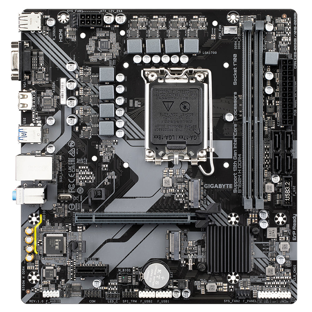 GIGABYTE B760M H DDR4 Carte Mère - Prend en charge les processeurs Intel Core 14e génération, VRM numérique 6+1+1 phases, jusqu'à 3200MHz DDR4 (OC), 2xPCIe 4.0 M.2, GbE LAN, USB 3.2 Gen1