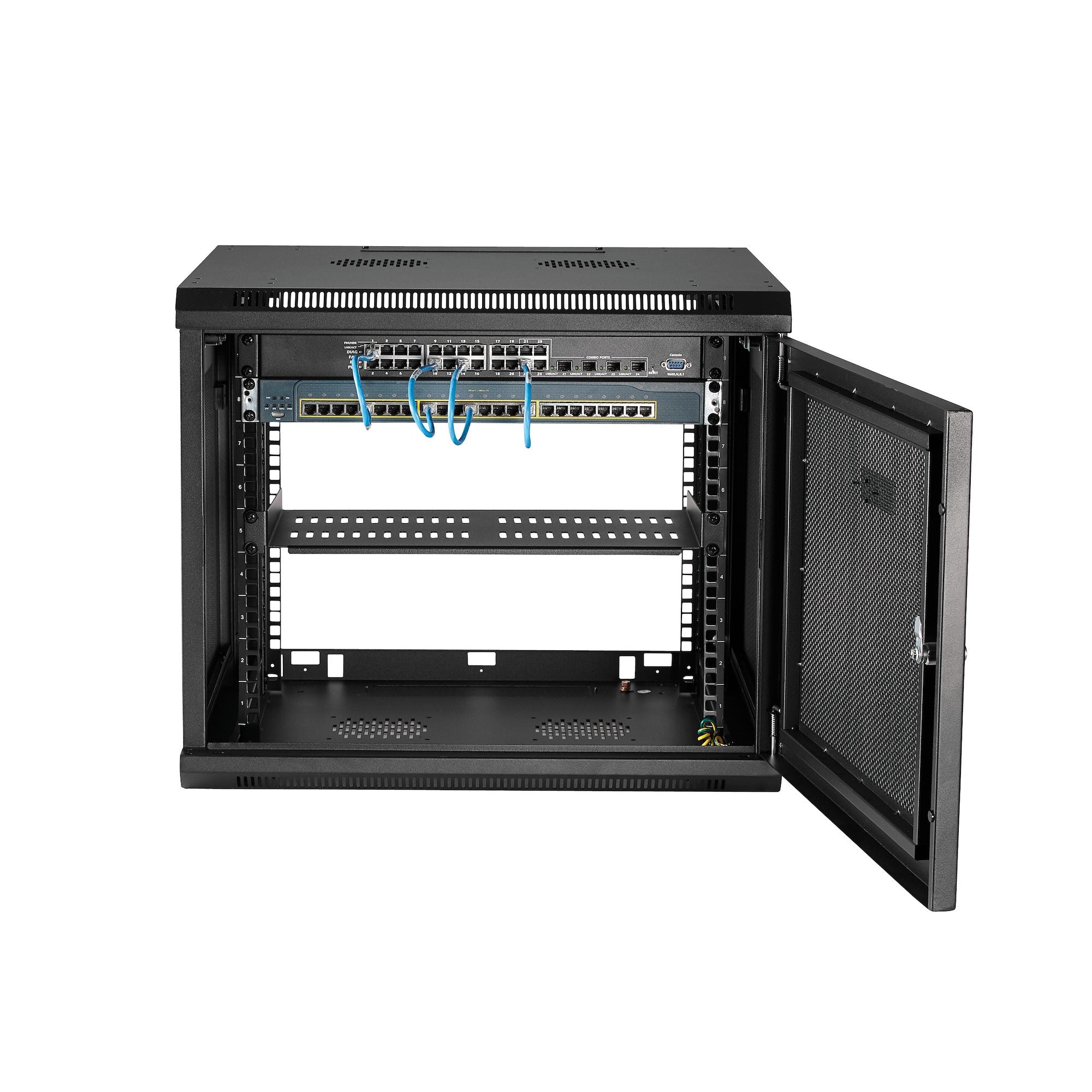 StarTech.com Armoire Réseau Murale 9U à 4 Montants avec Étagère 1U, Armoire Serveur Murale 19" pour Données / AV / Électronique / Équipement IT, Petite Armoire Rack Ventilée