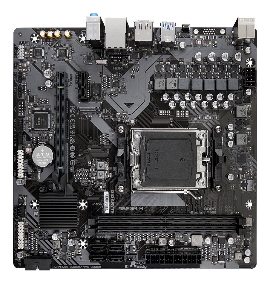 GIGABYTE A620M H Carte Mère - Prend en charge les processeurs AMD Ryzen 8000, VRM numérique 5+2+2 phases, jusqu'à 7200MHz DDR5 (OC), 1xPCIe 4.0 M.2, LAN GbE, USB 3.2 Gen 1