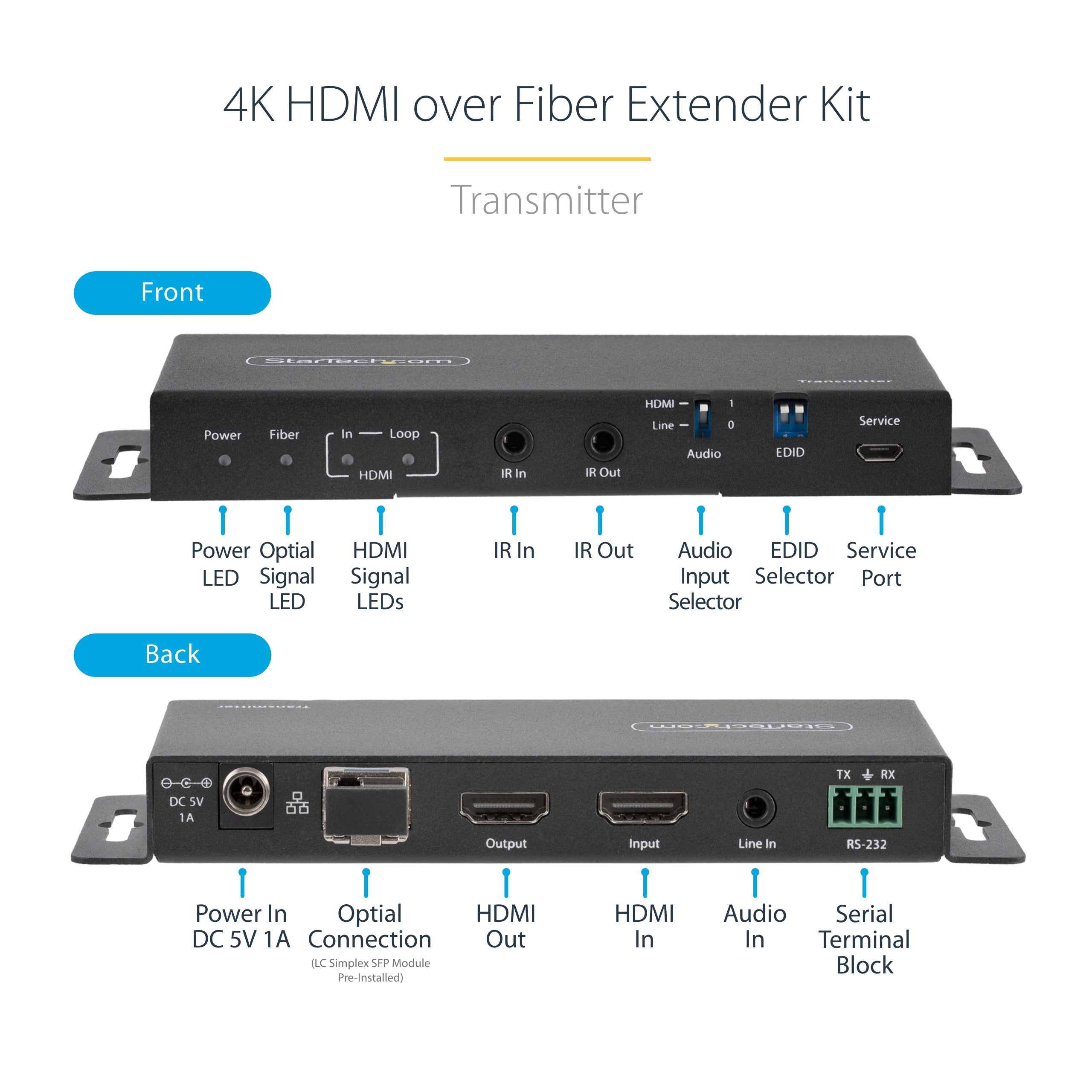 StarTech.com Kit Extender HDMI Fibre Optique - 4K60Hz jusqu'à 1km (Monomode) ou 300m (Multimode) Fibre optique LC, HDR, HDCP, Audio 3.5mm/RS232/Extender IR - Prolongateur/Extension HDMI - Kit Émetteur et Récepteur