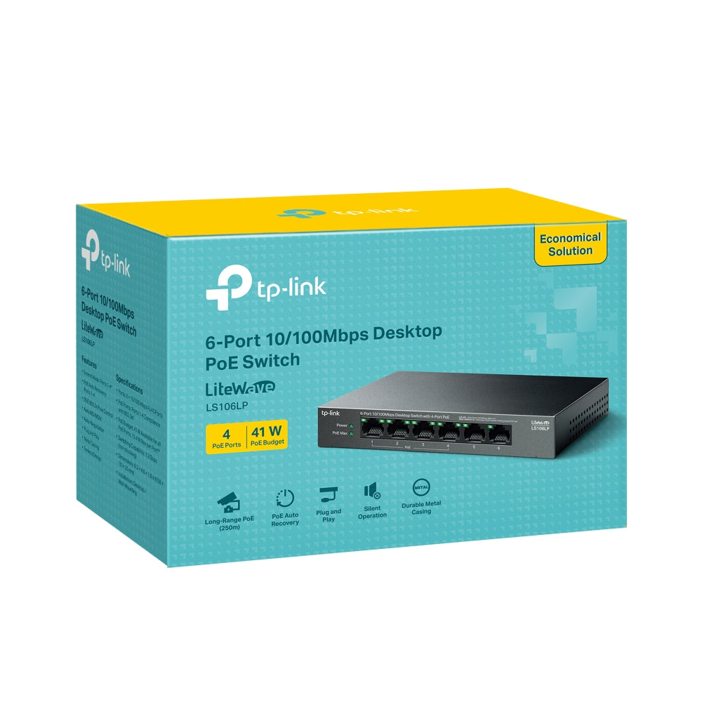 TP-Link LiteWave LS106LP commutateur réseau Non-géré Fast Ethernet (10/100) Connexion Ethernet, supportant l'alimentation via ce port (PoE) Noir