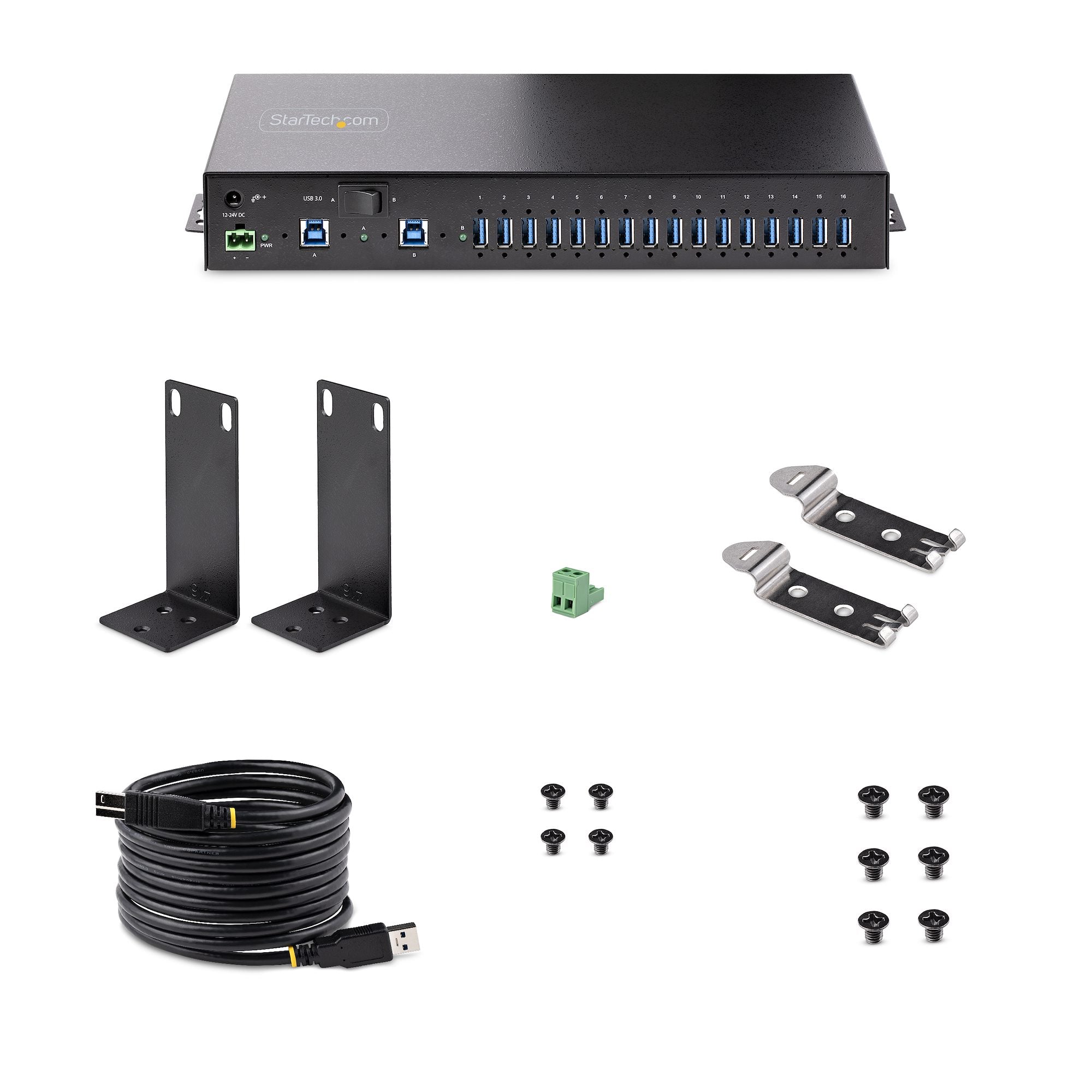 StarTech.com Hub USB 3.0 5Gbps Industriel à 16 Ports - Montage DIN/Surface/Rack - Protection ESD - Commutateur USB 3.0 Alimenté, Jusqu'à 120W de Charge USB Partagée - Hub USB pour PC Portable/Bureau à Double Hôte