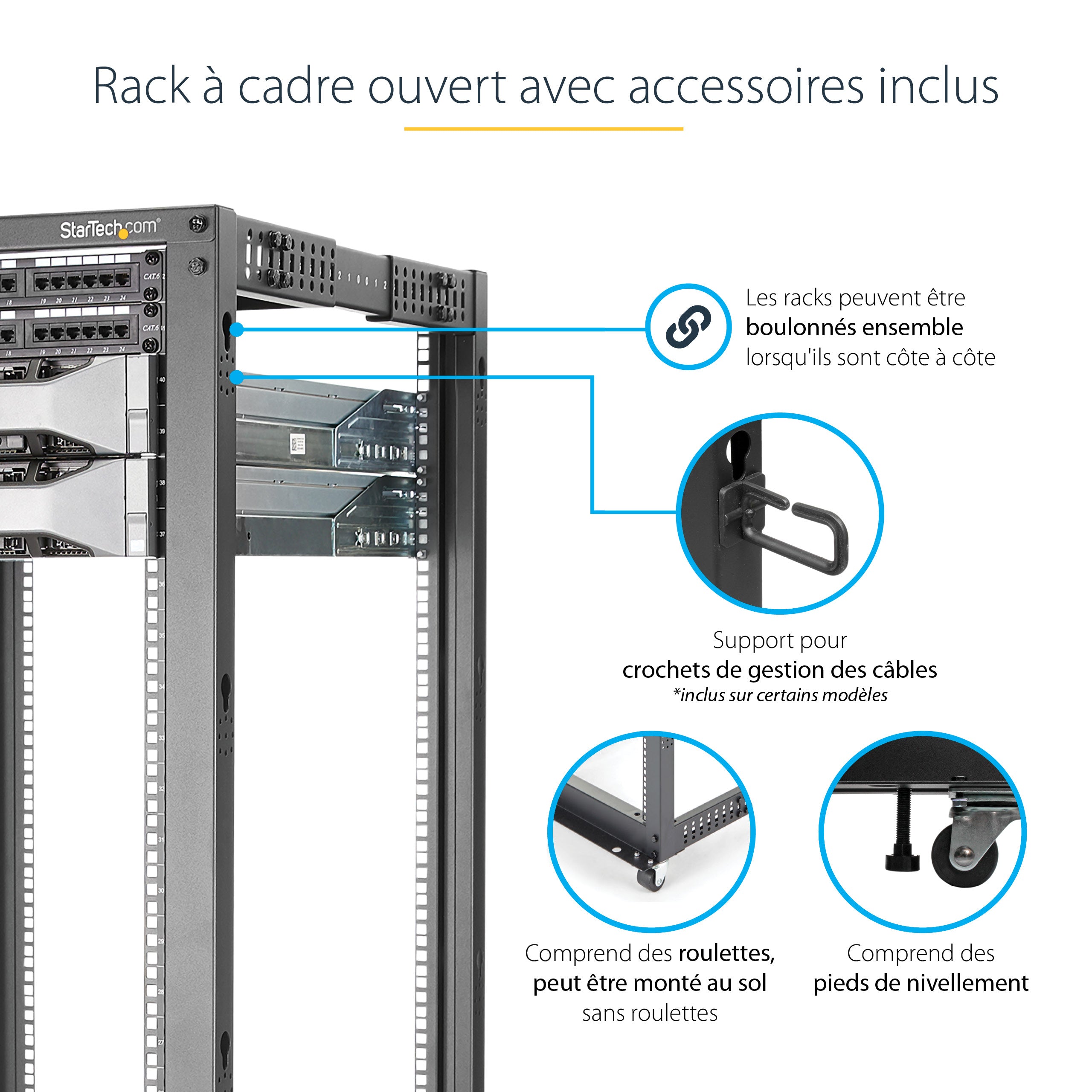 StarTech.com Rack Serveur Mobile 25U 4 Poteaux, Rack Réseau 19" 4 Poteaux avec Roulettes, Rack Roulant avec Profondeur Ajustable pour PC/AV/Données/Informatique - Roulettes, Pieds de nivellement ou Fixation au Sol