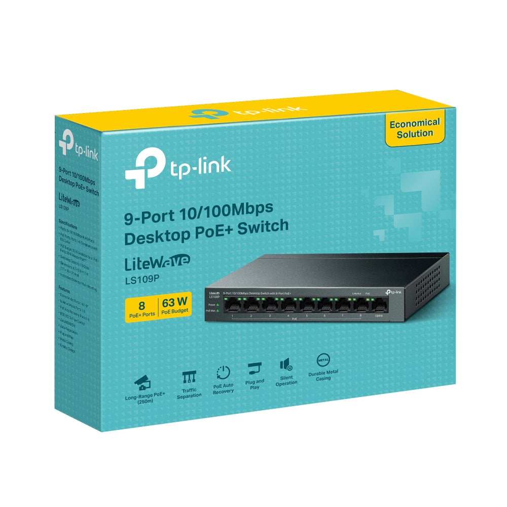 TP-Link LiteWave LS109P commutateur réseau Non-géré Fast Ethernet (10/100) Connexion Ethernet, supportant l'alimentation via ce port (PoE) Noir