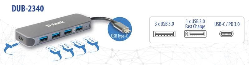 D-Link Hub USB-C vers 4 ports USB 3.0 avec alimentation DUB-2340