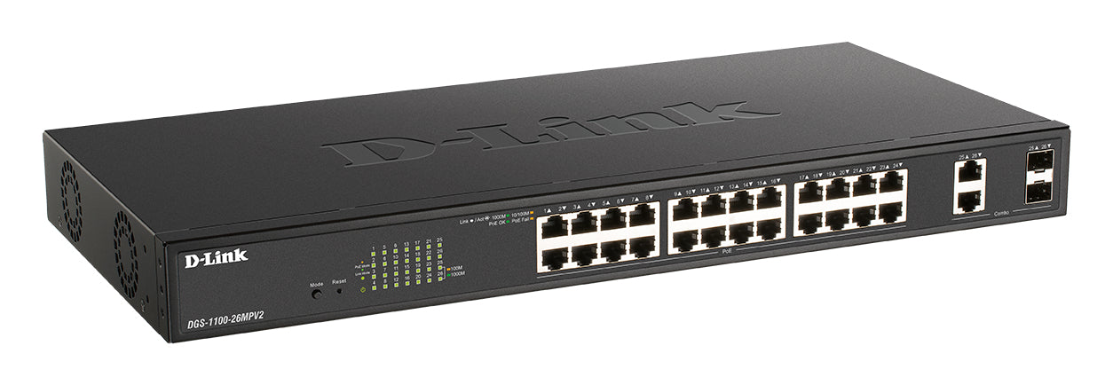 D-Link DGS-1100-26MPV2/B Géré L2 Gigabit Ethernet (10/100/1000) Connexion Ethernet, supportant l'alimentation via ce port (PoE) Noir