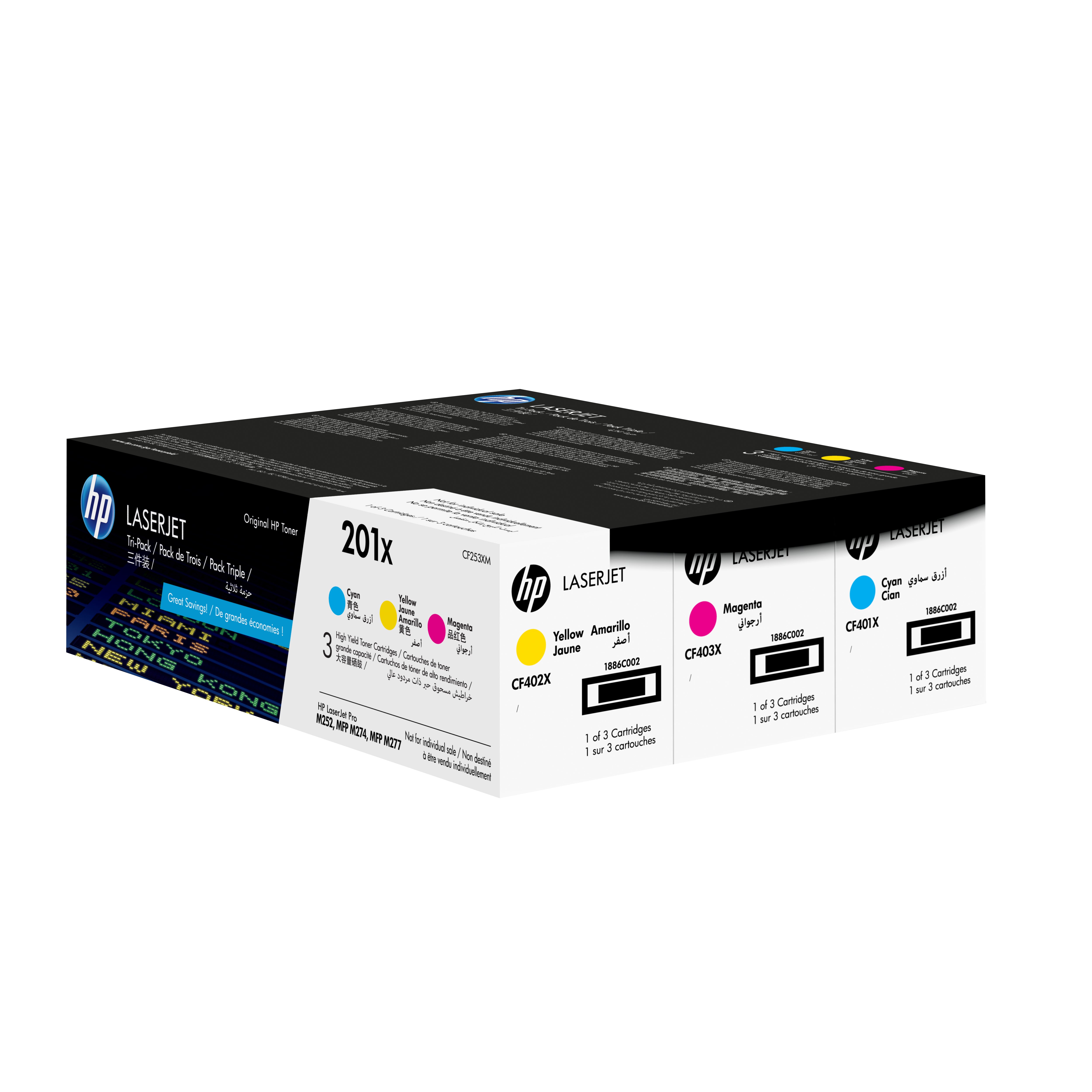 HP 201X LaserJet, lot de 3 cartouches de toner grande capacité authentiques, cyan/magenta/jaune