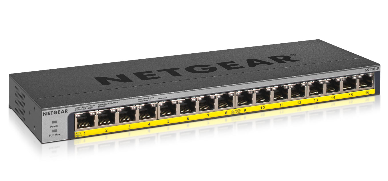 NETGEAR GS116LP Non-géré Gigabit Ethernet (10/100/1000) Connexion Ethernet, supportant l'alimentation via ce port (PoE) Noir