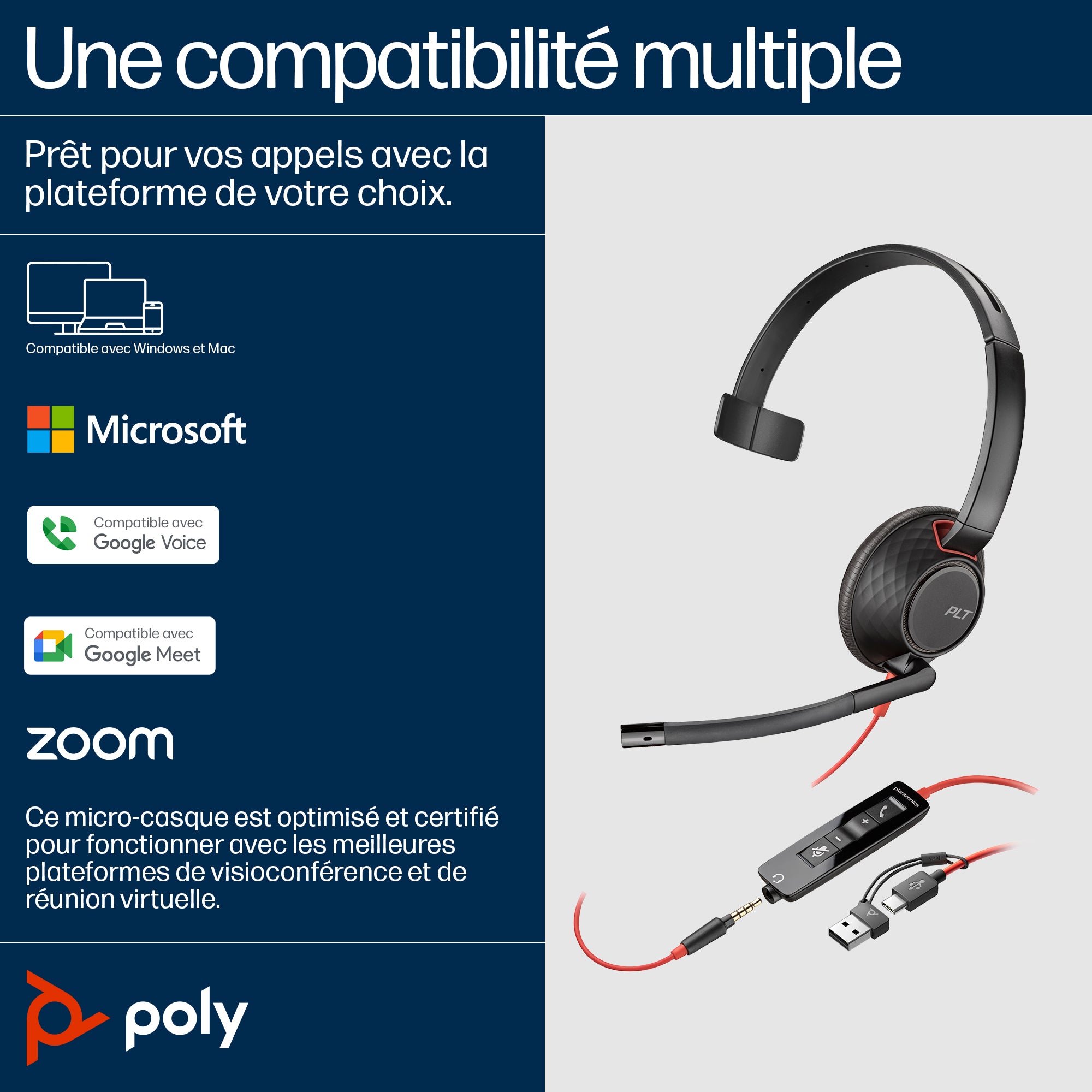Poly Micro-casque monaural USB-C Blackwire 5210 + prise 3,5 mm + adaptateur USB-C/A