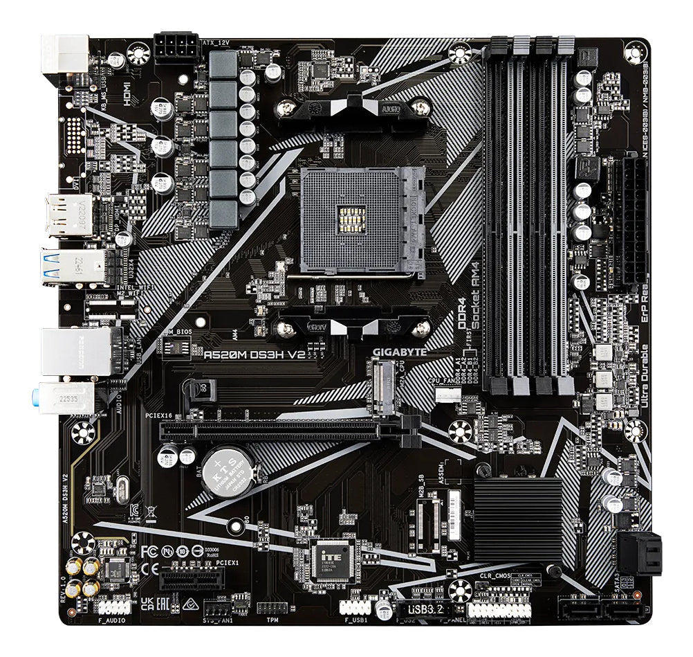 GIGABYTE Carte mère A520M DS3H V2 - Prend en charge les processeurs AMD Ryzen série 5000 AM4, jusqu'à 4733 MHz DDR4 (OC), PCIe 3.0 x16, LAN GbE, USB 3.2 Gen 1