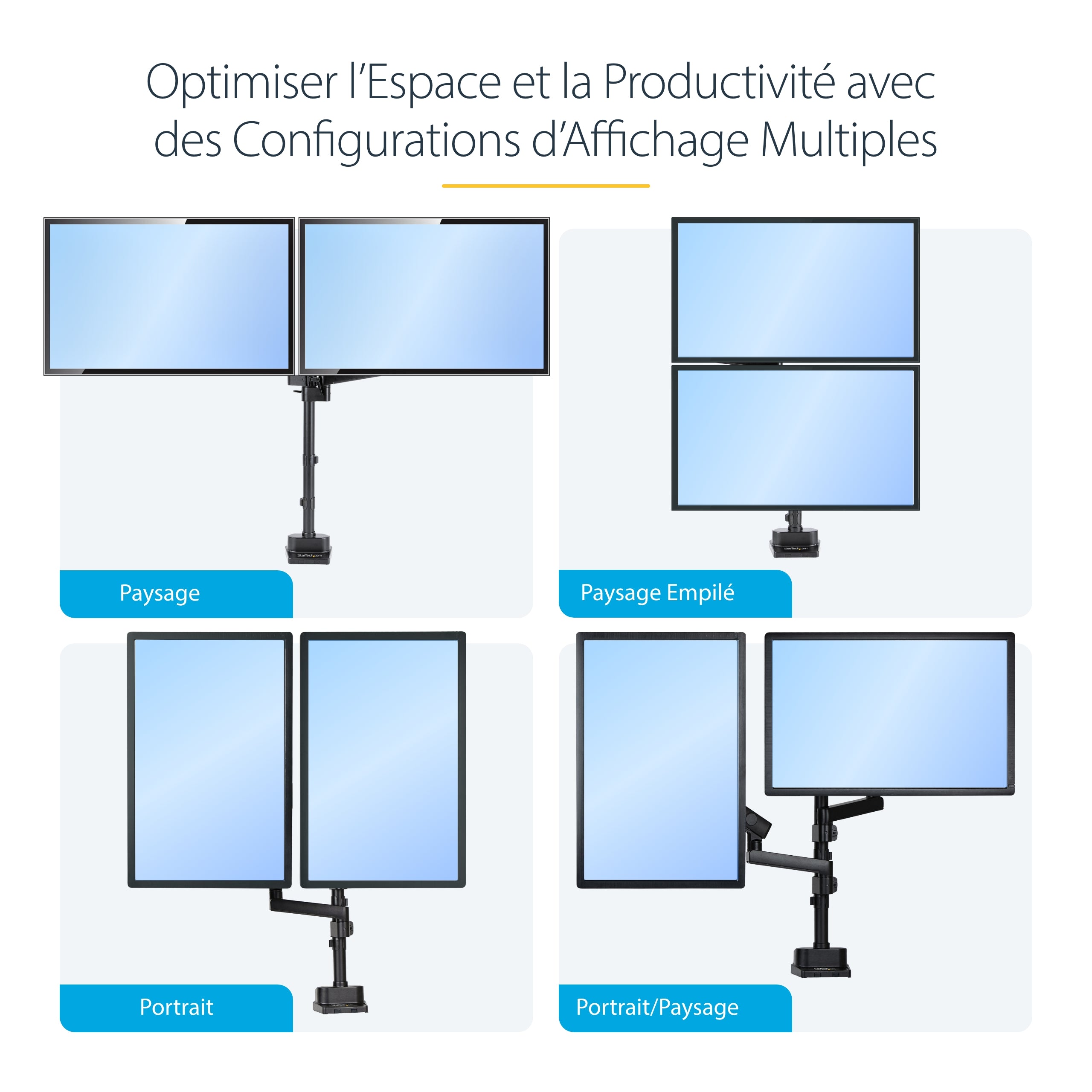 StarTech.com Support Double Écran PC - Bras Double Moniteur VESA - 32" 8kg - Empilables Verticalement - Porte 2 Écrans Hauteur Réglable/Articulé - Fixation Pince/Sillet