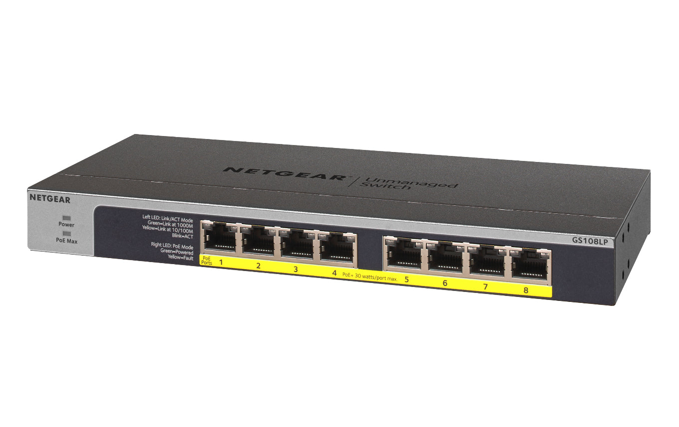 NETGEAR GS108LP Non-géré Gigabit Ethernet (10/100/1000) Connexion Ethernet, supportant l'alimentation via ce port (PoE) 1U Noir, Gris