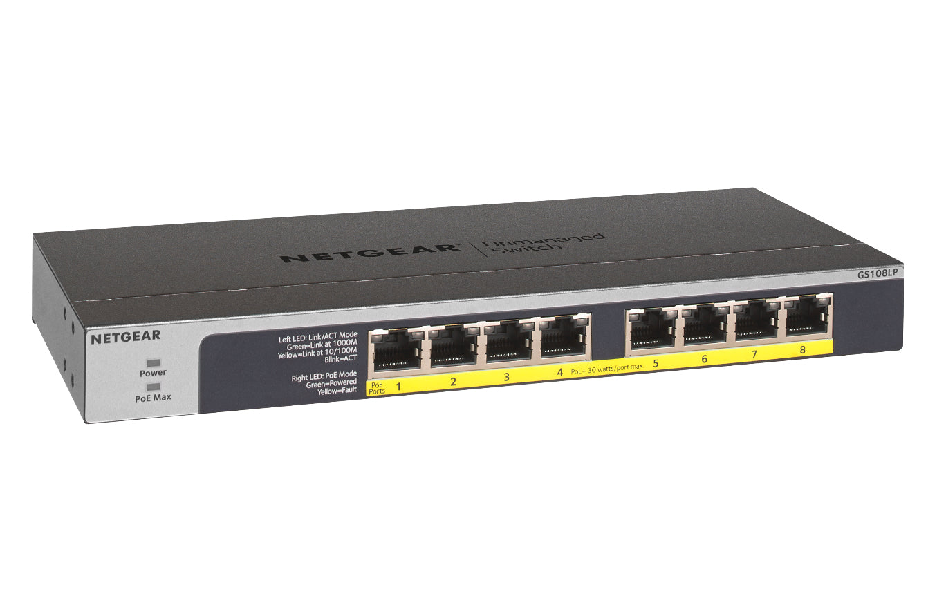 NETGEAR GS108LP Non-géré Gigabit Ethernet (10/100/1000) Connexion Ethernet, supportant l'alimentation via ce port (PoE) 1U Noir, Gris