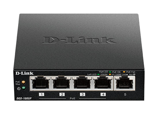 D-Link DGS-1005P/E commutateur réseau Non-géré Gigabit Ethernet (10/100/1000) Connexion Ethernet, supportant l'alimentation via ce port (PoE) Noir