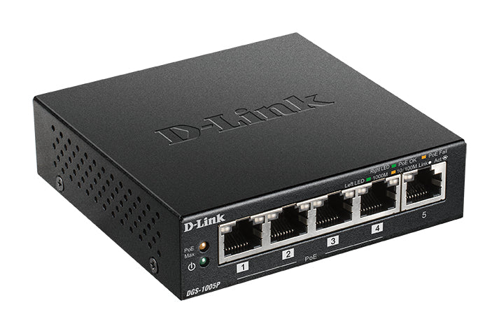 D-Link DGS-1005P/E commutateur réseau Non-géré Gigabit Ethernet (10/100/1000) Connexion Ethernet, supportant l'alimentation via ce port (PoE) Noir