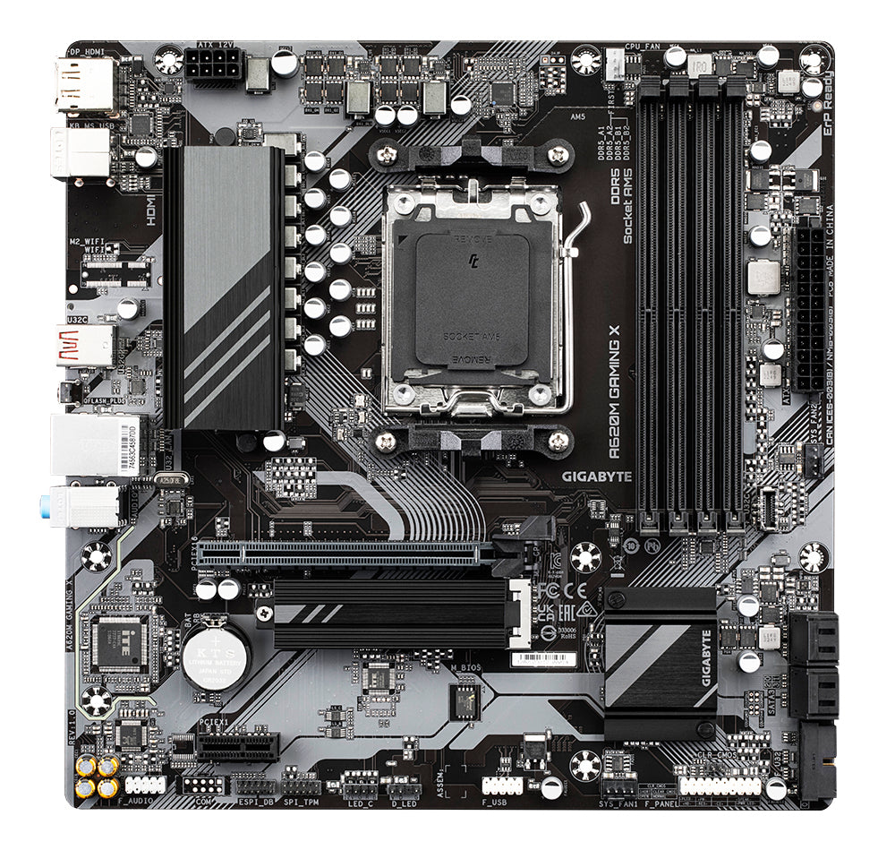 GIGABYTE A620M GAMING X Carte Mère - Prend en charge les processeurs AMD Ryzen 8000, VRM numérique 8+2+1 phases, jusqu'à 8000MHz DDR5 (OC), 1xPCIe 4.0 M.2, LAN GbE, USB 3.2 Gen 2