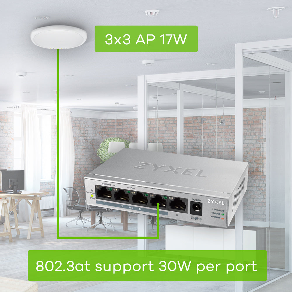 Zyxel GS1005HP Non-géré Gigabit Ethernet (10/100/1000) Connexion Ethernet, supportant l'alimentation via ce port (PoE) Argent
