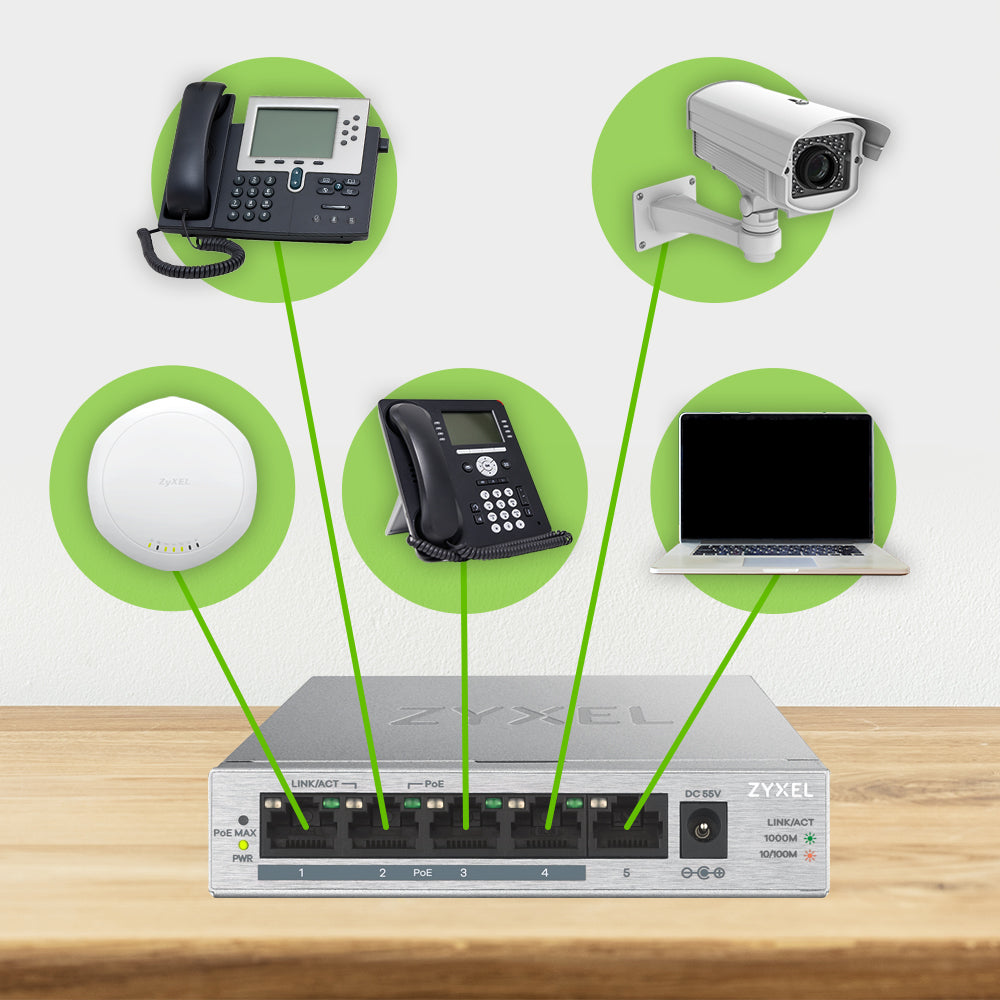 Zyxel GS1005HP Non-géré Gigabit Ethernet (10/100/1000) Connexion Ethernet, supportant l'alimentation via ce port (PoE) Argent