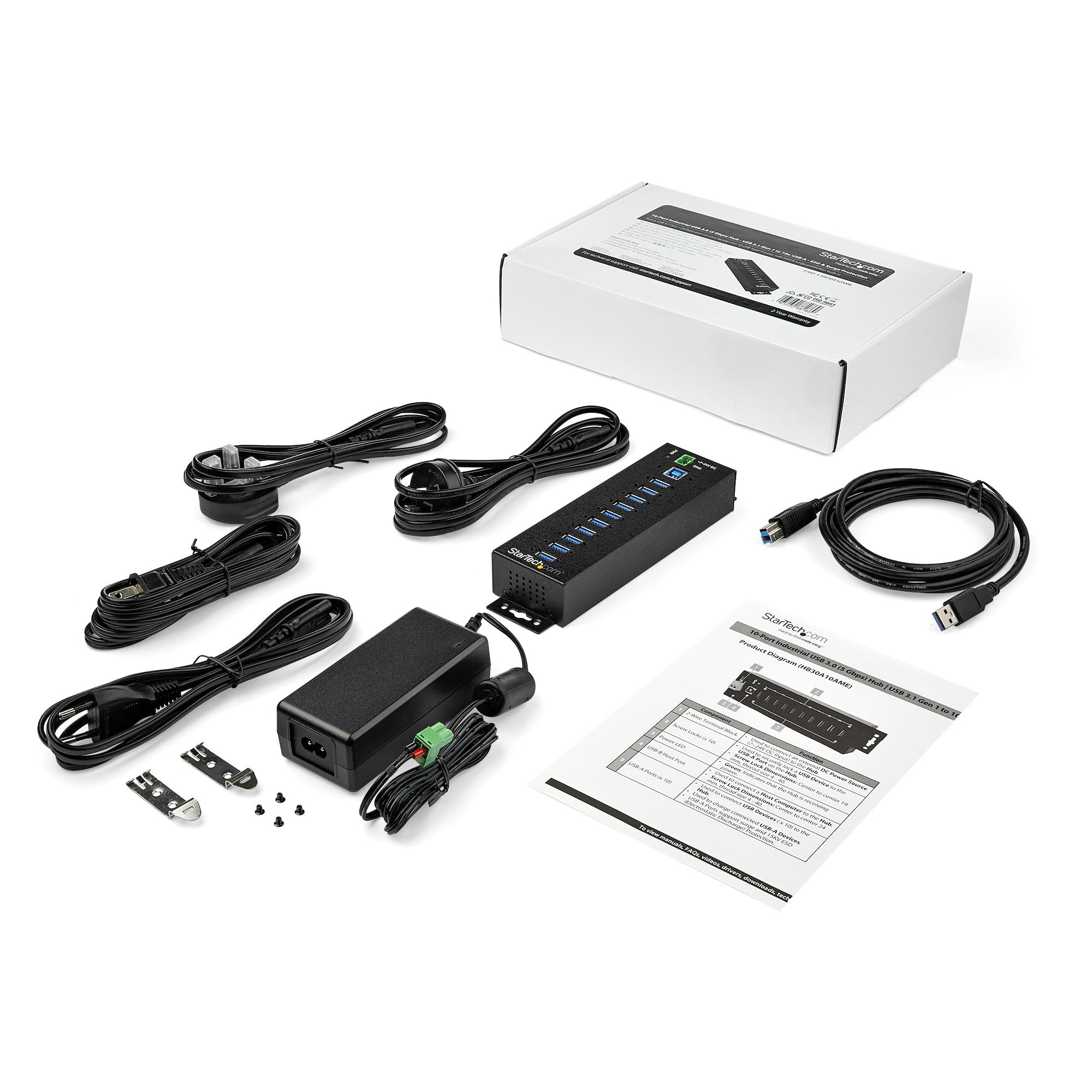 StarTech.com Hub USB 3.0 10 ports avec adaptateur d'alimentation - Hub USB-A industriel en métal avec protection contre les décharges électrostatiques et les surtensions de 350W - Montable sur Din/Mur/Bureau - Hub USB 3.2 Gen 1 (5Gbps) haut débit