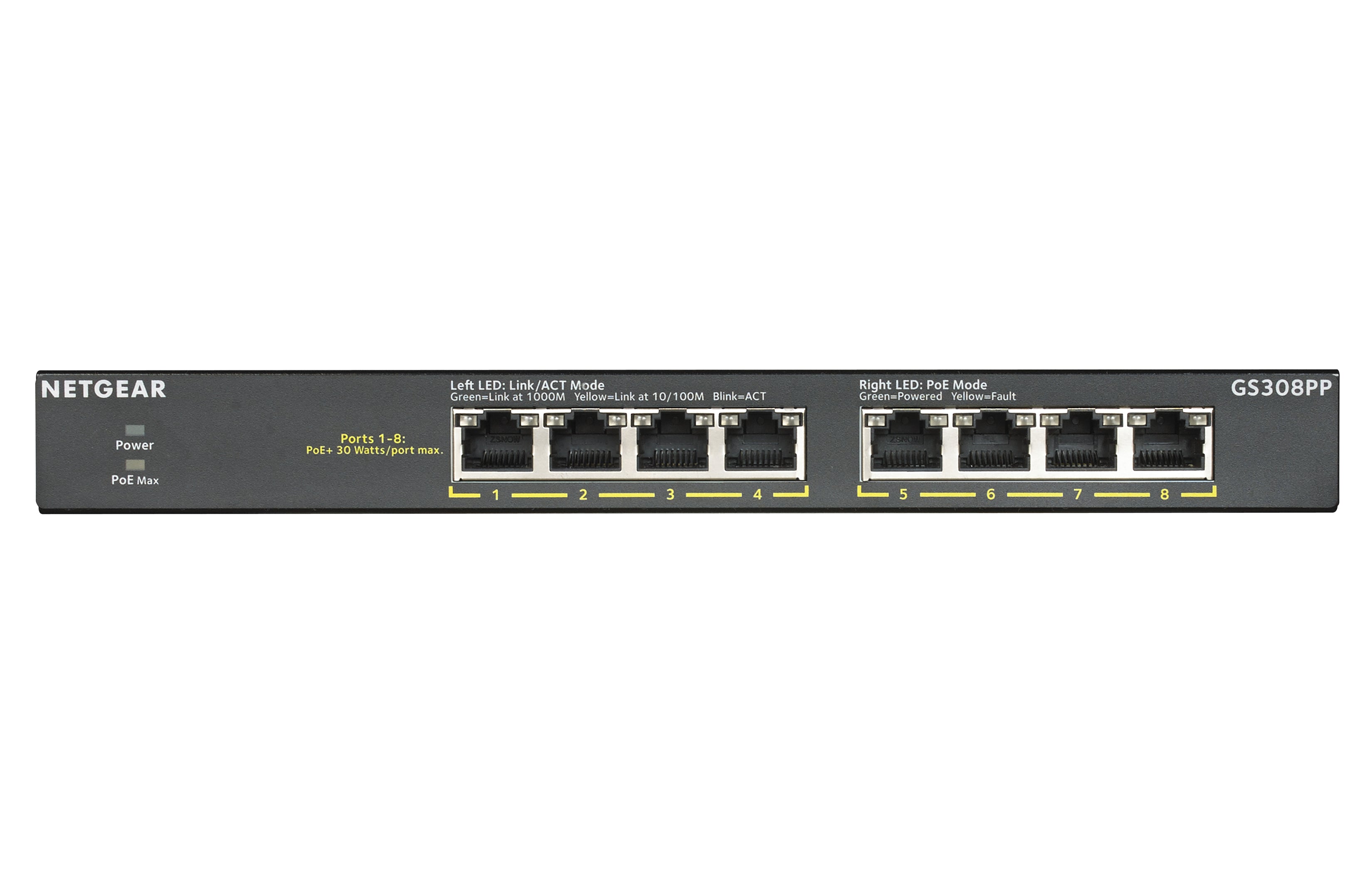 NETGEAR GS308PP Non-géré Gigabit Ethernet (10/100/1000) Connexion Ethernet, supportant l'alimentation via ce port (PoE) Noir