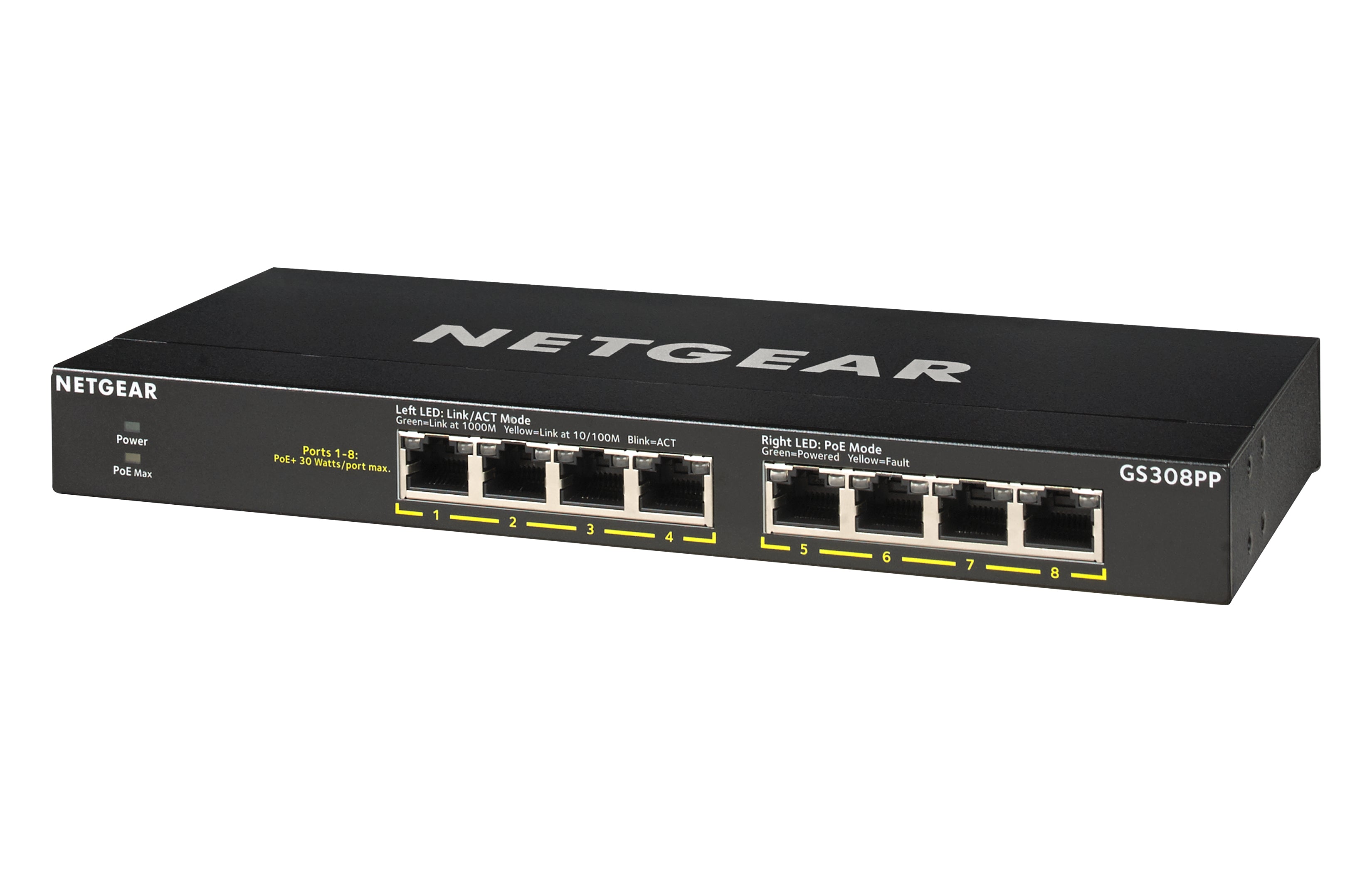 NETGEAR GS308PP Non-géré Gigabit Ethernet (10/100/1000) Connexion Ethernet, supportant l'alimentation via ce port (PoE) Noir