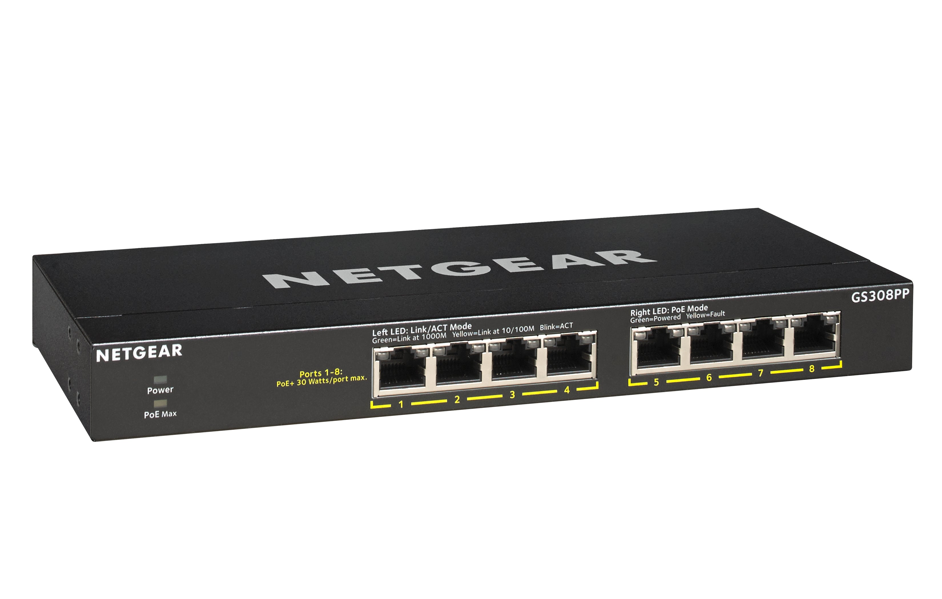 NETGEAR GS308PP Non-géré Gigabit Ethernet (10/100/1000) Connexion Ethernet, supportant l'alimentation via ce port (PoE) Noir