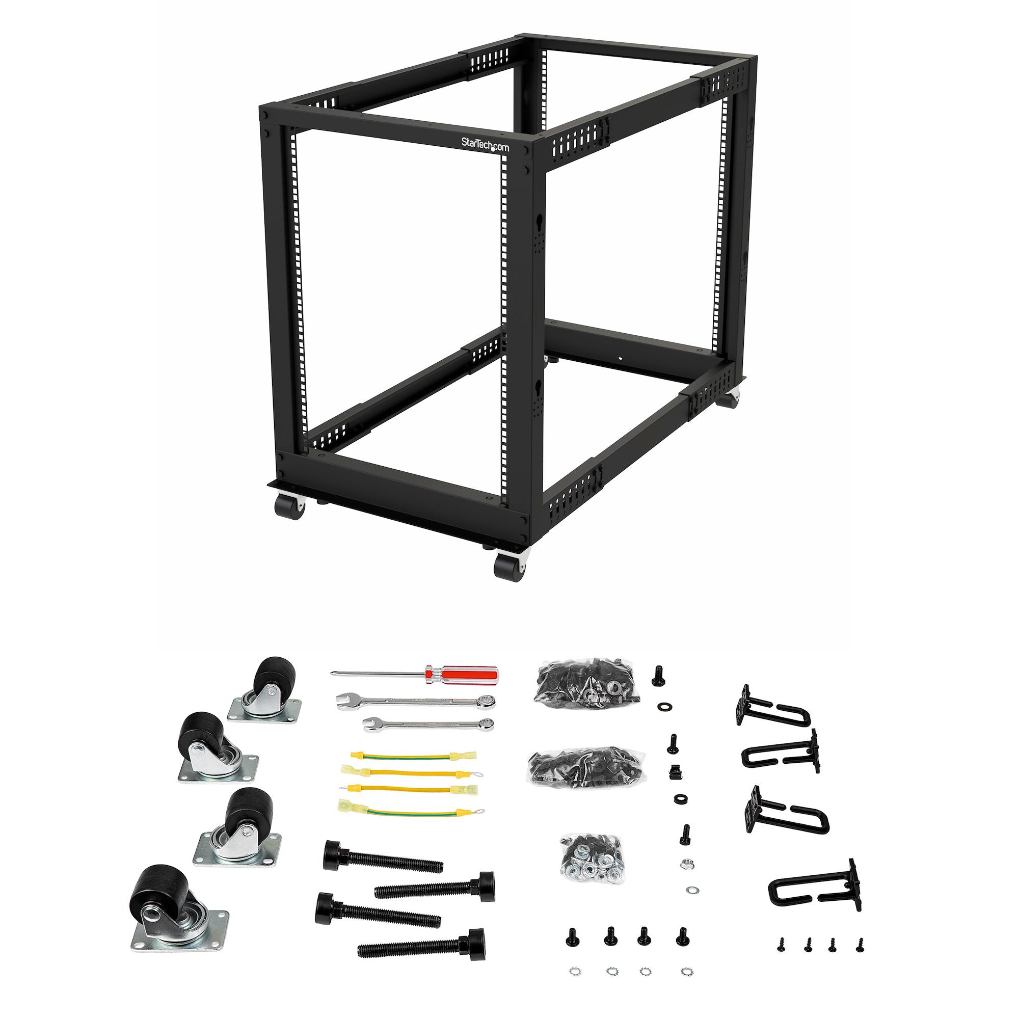 StarTech.com Rack Serveur Mobile 15U 4 Poteaux, Rack Réseau 19" 4 Poteaux avec Roulettes, Rack Roulant avec Profondeur Ajustable pour PC/AV/Données/Informatique - Roulettes, Pieds de nivellement ou Fixation au Sol