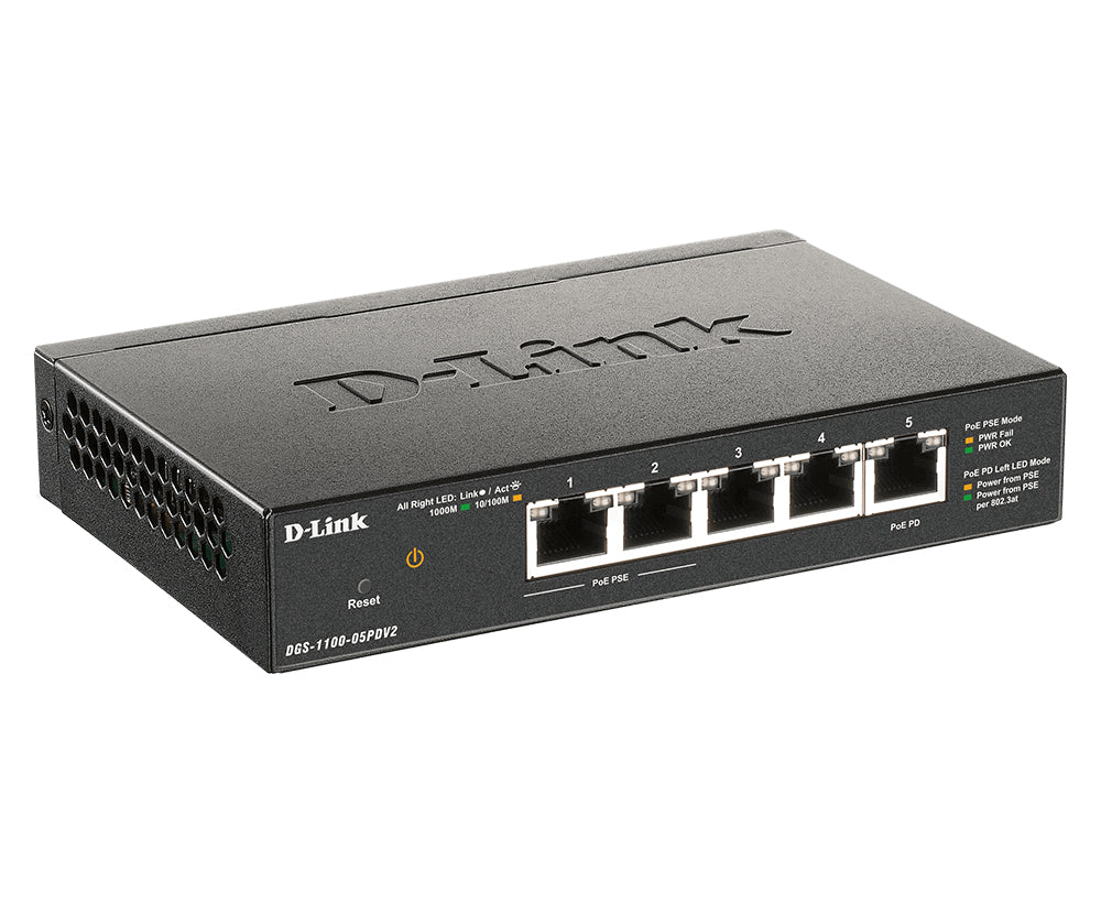 D-Link DGS-1100-05PDV2 commutateur réseau Géré Gigabit Ethernet (10/100/1000) Connexion Ethernet, supportant l'alimentation via ce port (PoE) Noir