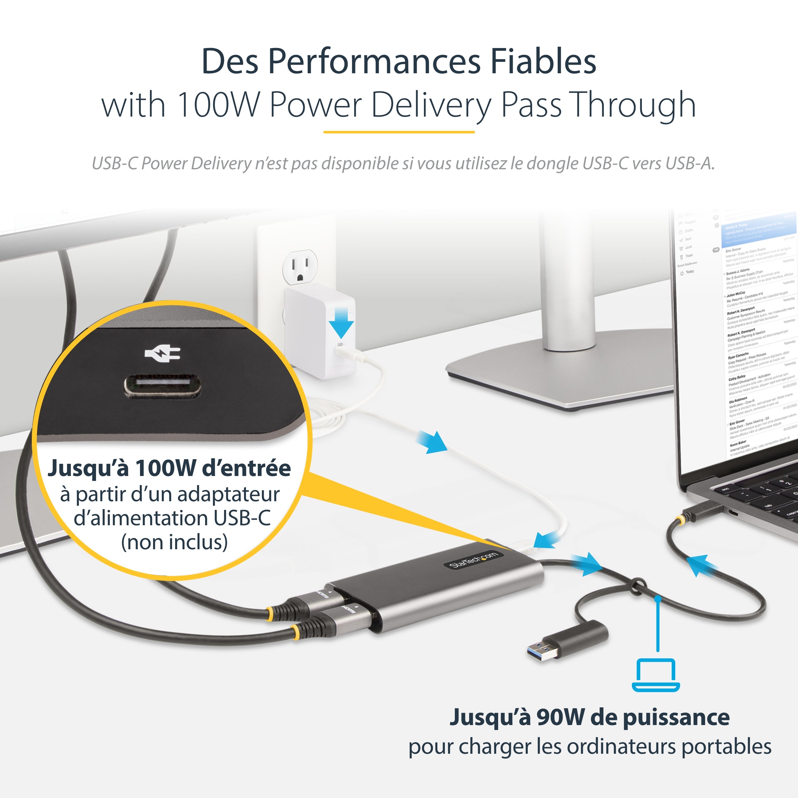 StarTech.com Adaptateur USB-C vers Double HDMI - USB-C ou A vers 2x HDMI - 4K 60Hz - 100W Power Delivery Pass-Through - Adaptateur Vidéo avec Câble Intégré de 30cm - Convertisseur USB-C vers HDMI pour PC Portable