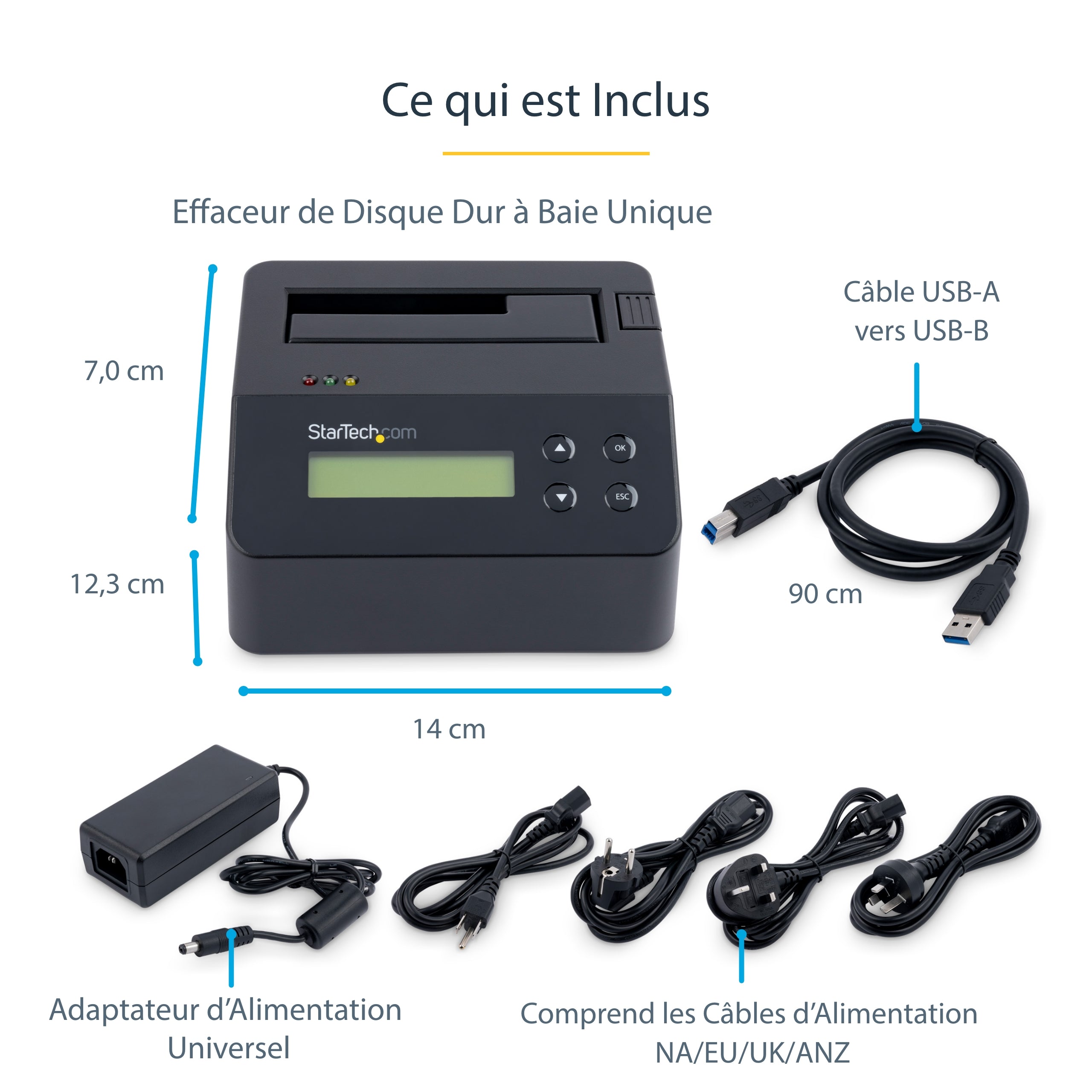 StarTech.com Effaceur de Disque Dur à Baie Unique, Nettoyeur de HDD/SSD Autonome, USB 3.0 à SATA II (3 Gbps), 9 Modes d'Effacement, Écran LCD, Dock de nettoyage de Disque Dur Secure Erase, Conforme TAA