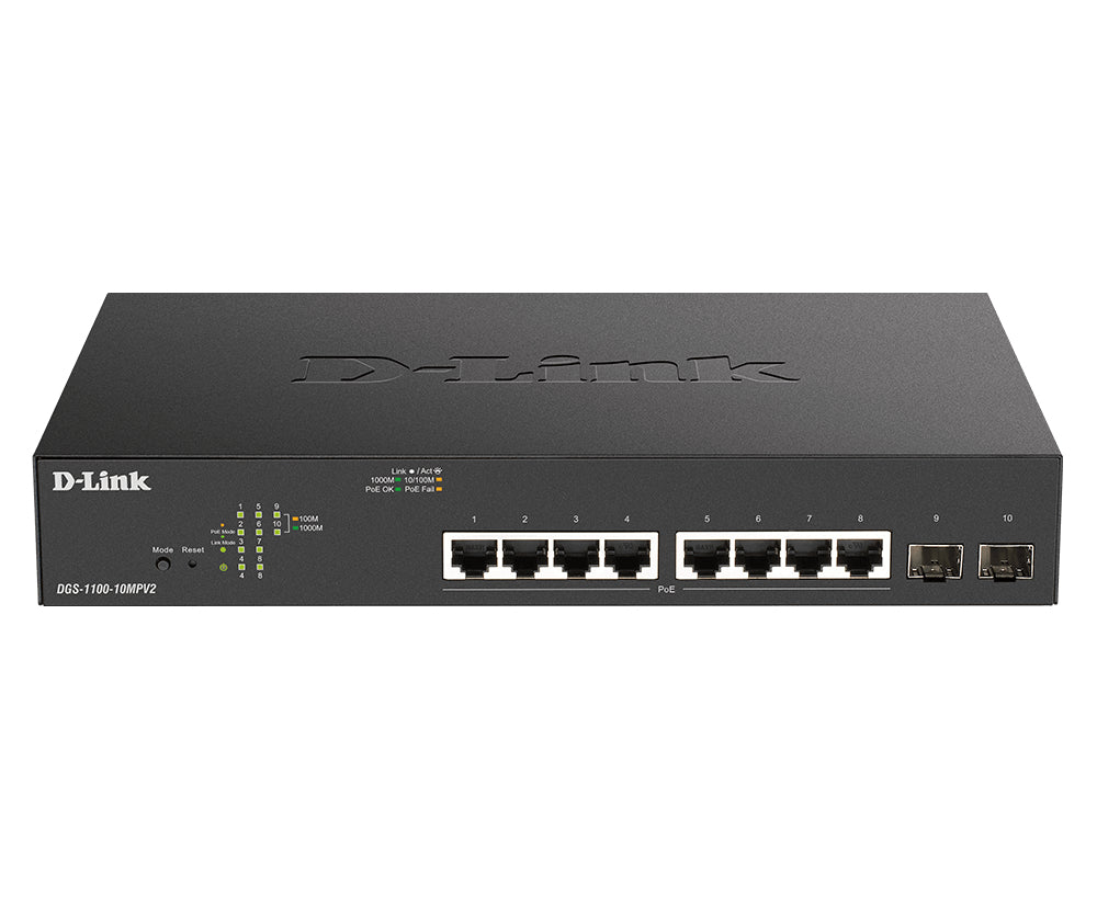 D-Link DGS-1100-10MPV2 commutateur réseau Géré L2 Gigabit Ethernet (10/100/1000) Connexion Ethernet, supportant l'alimentation via ce port (PoE) 1U Noir