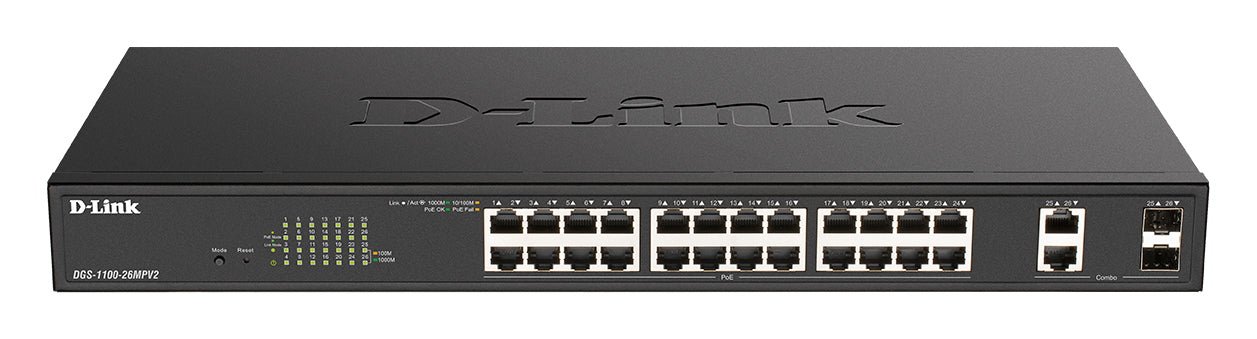 D-Link DGS-1100-26MPV2 commutateur réseau Géré L2 Gigabit Ethernet (10/100/1000) Connexion Ethernet, supportant l'alimentation via ce port (PoE) Noir