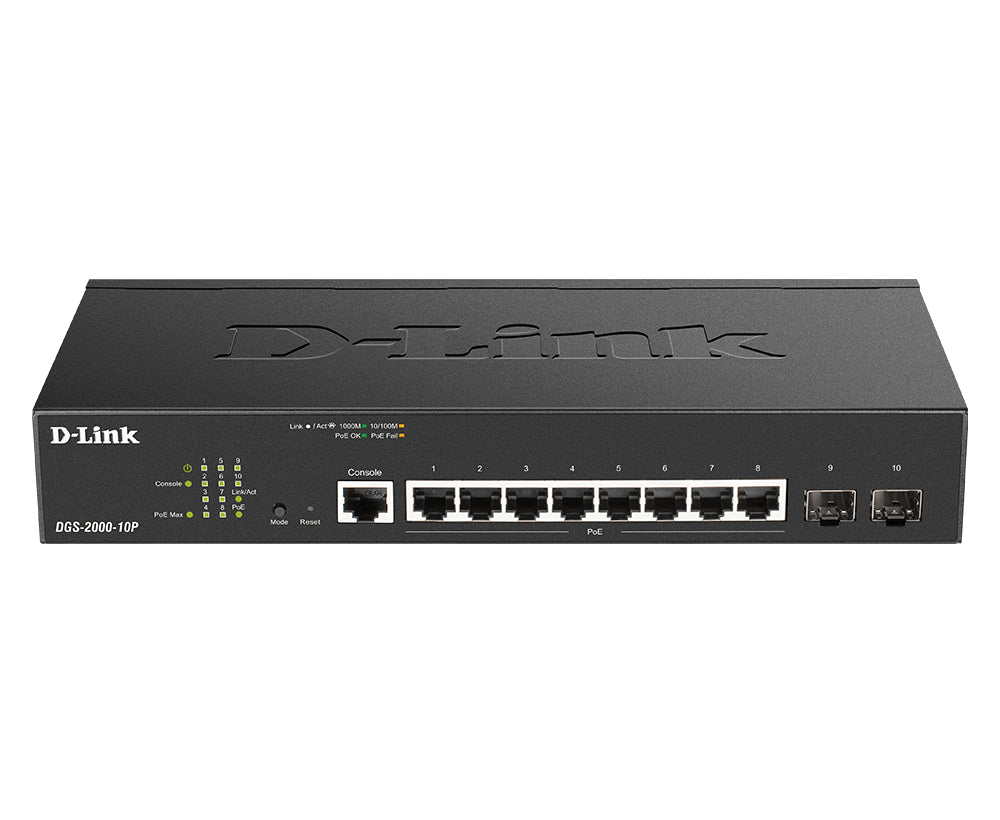D-Link DGS-2000-10P commutateur réseau Géré L2/L3 Gigabit Ethernet (10/100/1000) Connexion Ethernet, supportant l'alimentation via ce port (PoE) 1U Noir
