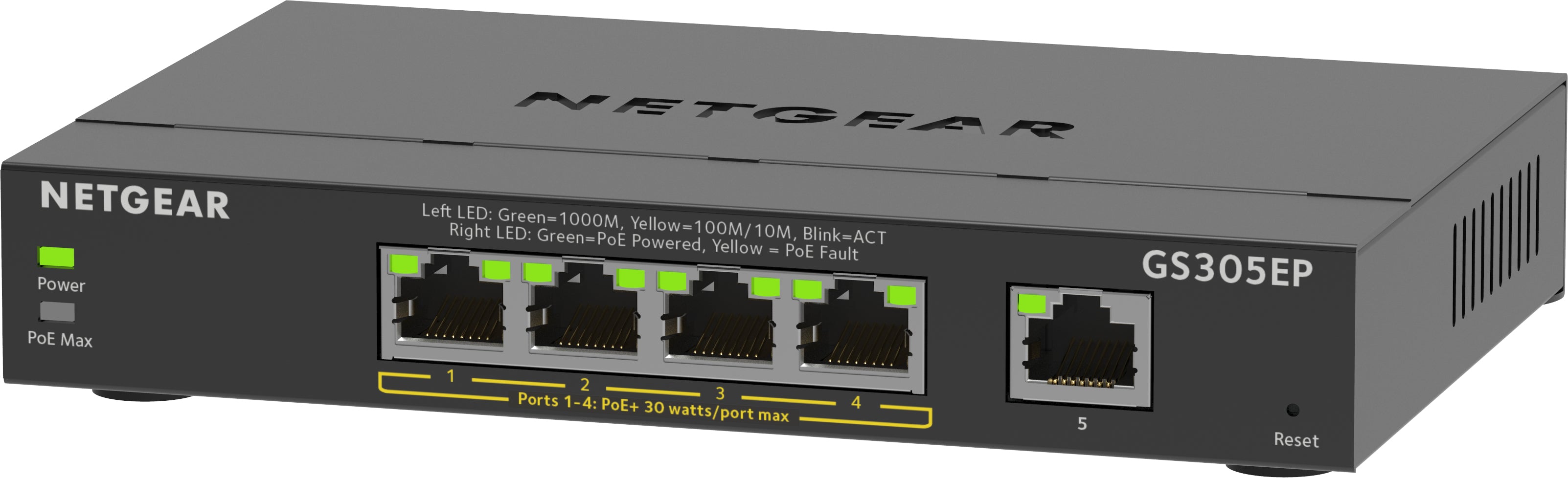 NETGEAR 5-Port Gigabit Ethernet PoE+ Plus Switch (GS305EP) Géré L2/L3 Gigabit Ethernet (10/100/1000) Connexion Ethernet, supportant l'alimentation via ce port (PoE) Noir