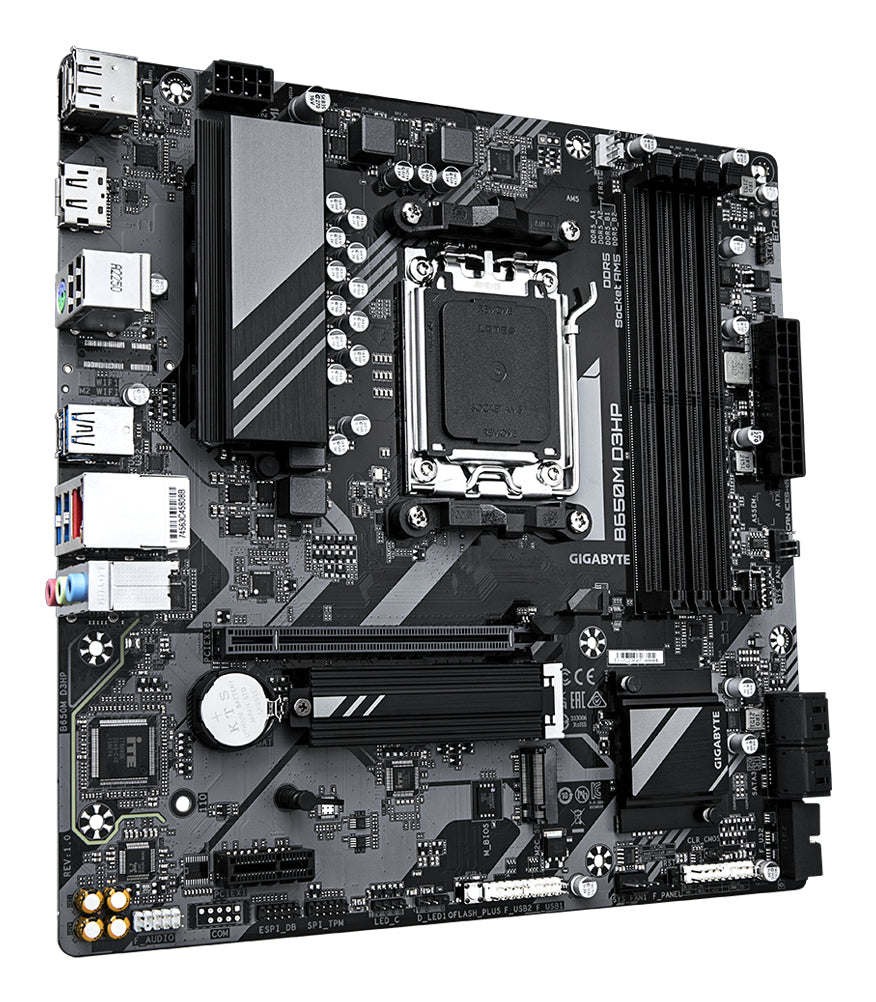 GIGABYTE B650M D3HP Carte mère - AMD Ryzen série 9000, VRM 5+2+2 phases, jusqu'à 7600 MHz DDR5 (OC), 2xPCIe 4.0 M.2, LAN 2,5 GbE, USB 3.2 Gen 1