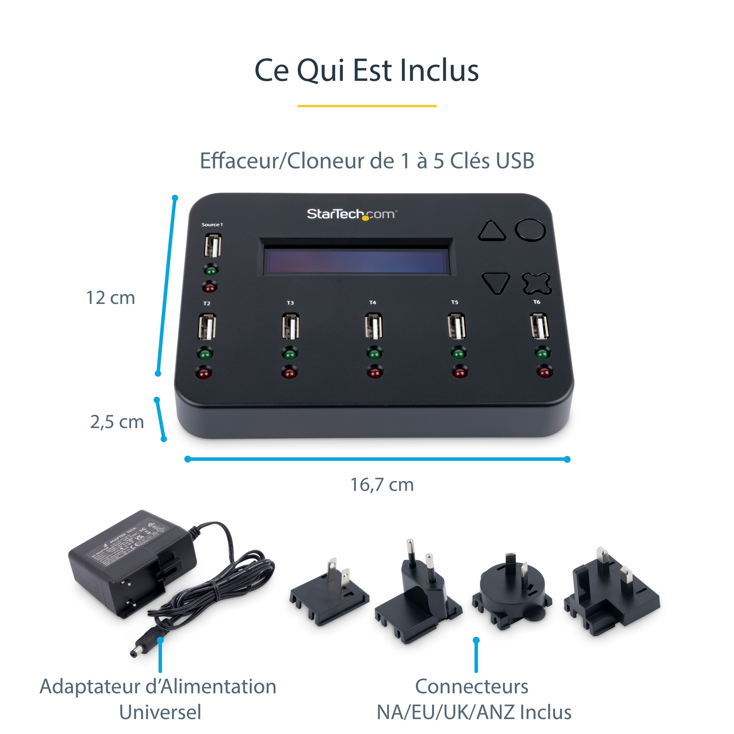 StarTech.com Duplicateur et Effaceur Autonome de 1 à 5 clés USB, Copieur de Plusieurs Clés USB, Copie Système et Fichier et Secteur par Secteur, 1,5 Go/min, Effacement en 3 Passes, Affichage LCD