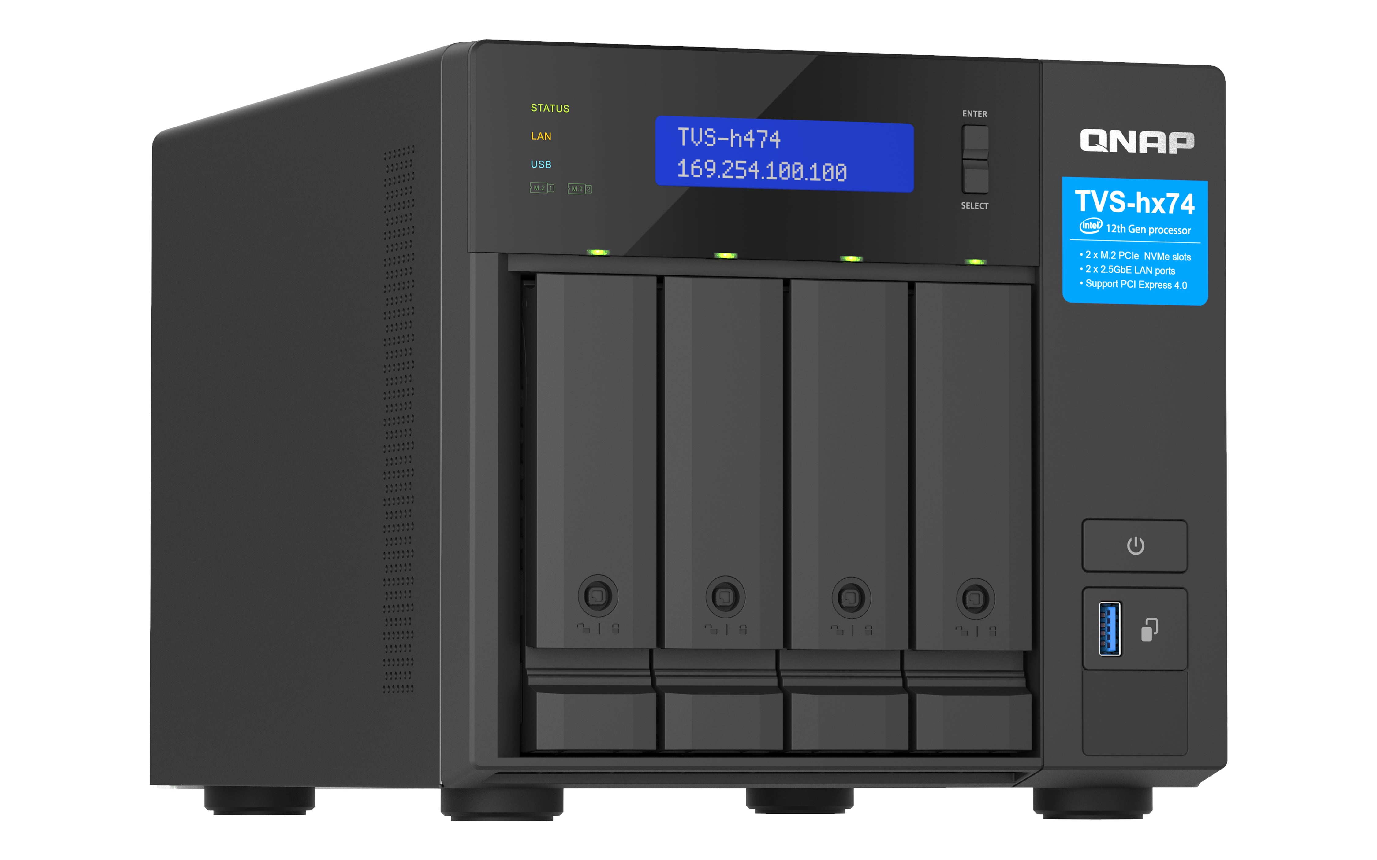QNAP TVS-H474 NAS Tower Intel® Pentium® G7400 8 Go DDR4 0 To QuTS hero Noir