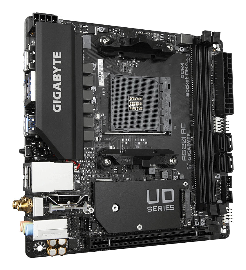 GIGABYTE A520I AC Carte Mère - Prend en charge les processeurs AMD Ryzen 5000 Series AM4, 6 phases VRM numériques, jusqu'à 5300MHz DDR4 (OC), 1xPCIe 3.0 M.2, WIFI, GbE LAN, USB 3.2 Gen1